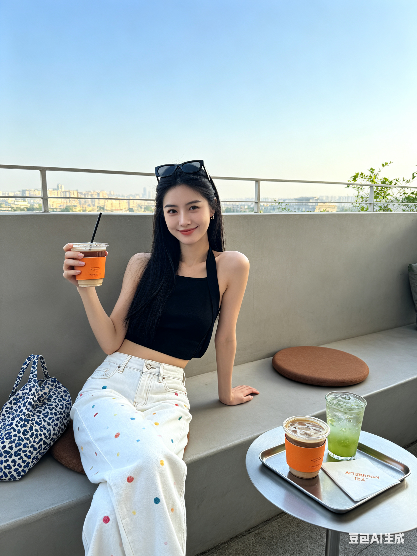 一张自然真实的户外露台咖啡座日常随拍照片，19到25岁的年轻女生留着黑色长直发，头顶架着黑色方框墨镜，身穿黑色挂脖短款露背吊带和带有彩色圆点印花的白色阔腿牛仔裤，侧身倚靠在浅灰色长椅上，左手撑在身侧的长椅表面，右手举起… - AI提示词参考图，来自西西提示词