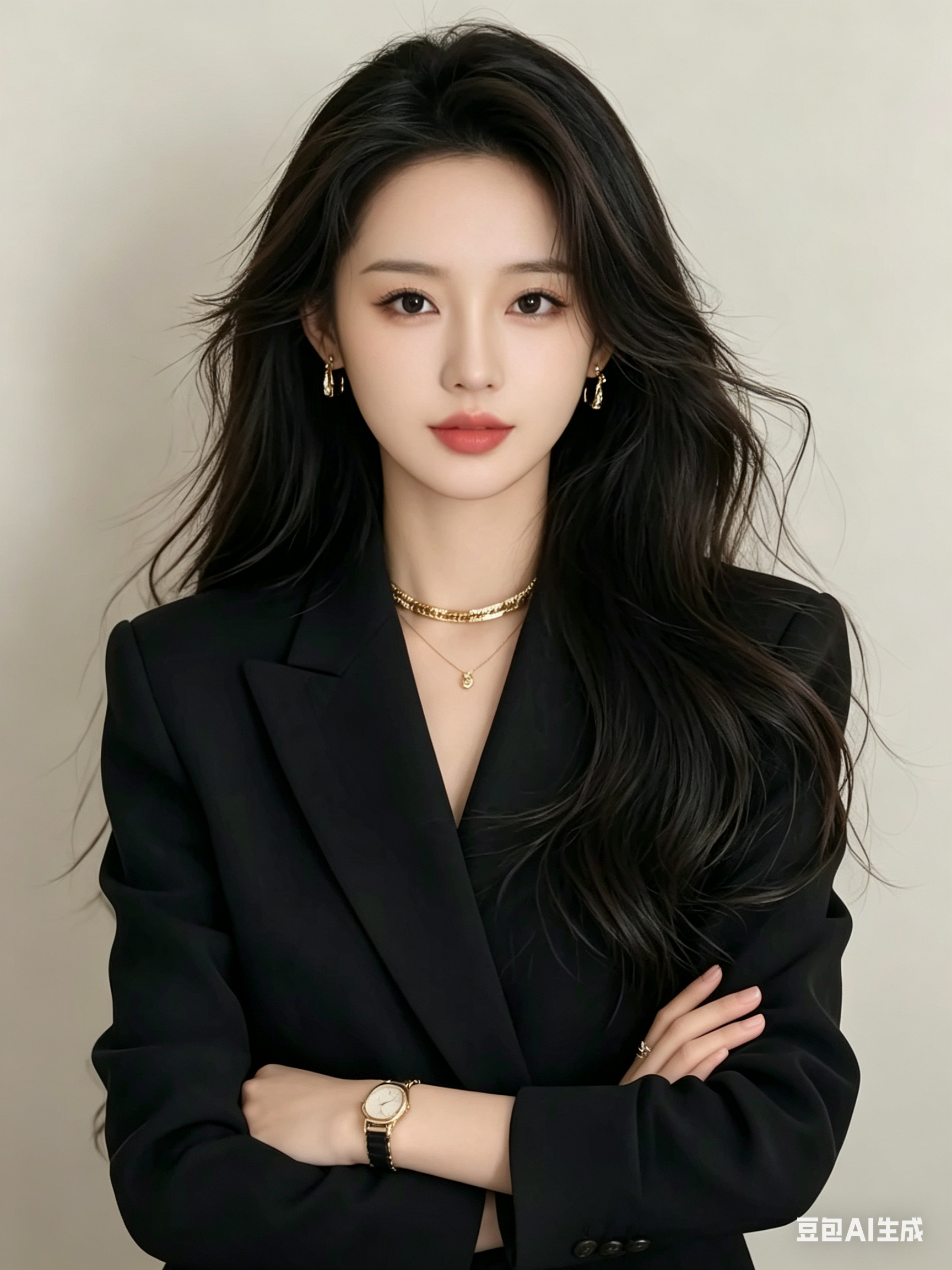 生成一张实拍质感的女性气质形象照：以第一张图片中的人物面部五官特征、脸型比例和自然神态为主要参考，将整体脸部融合替换为第三张图片中的脸部特征并保持自然真实；发型仿照第二张图片中的蓬松黑色长卷发，穿黑色西装外套，搭配简洁… - AI提示词参考图，来自西西提示词