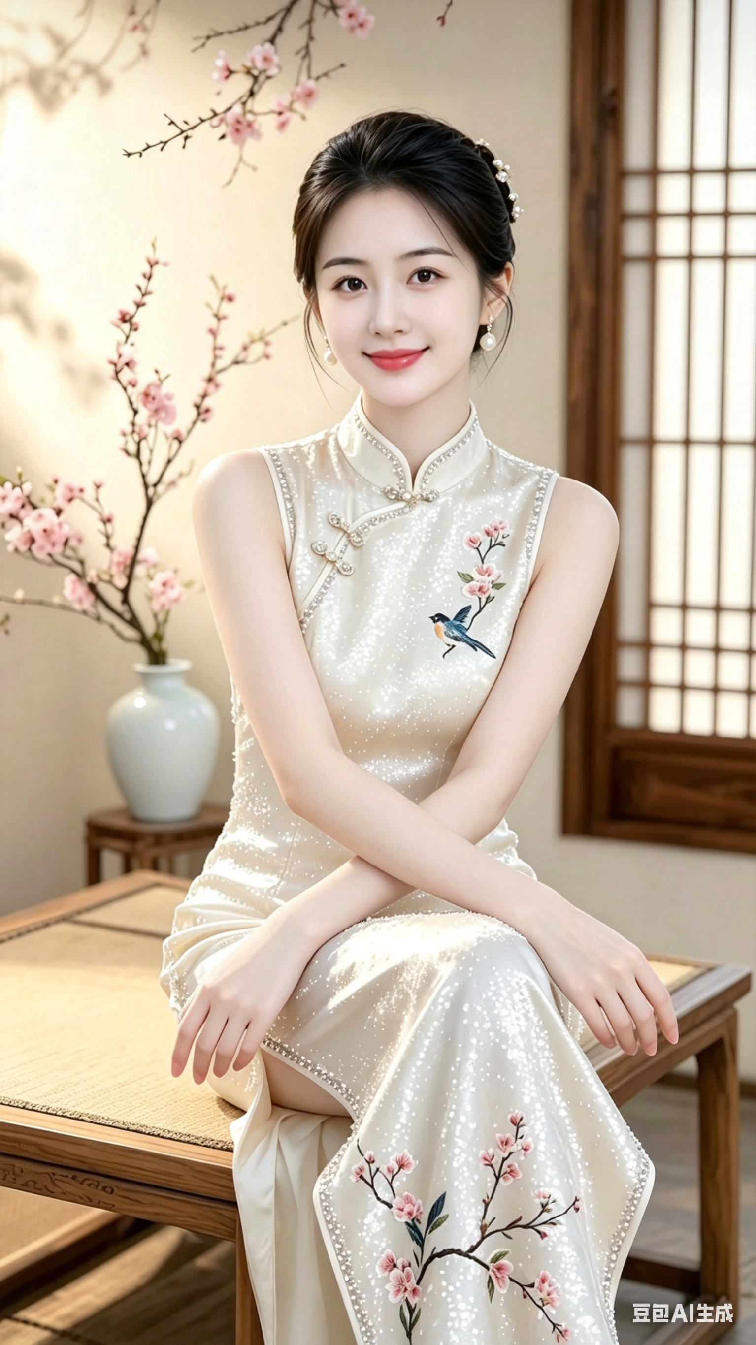 以第一张图片为底图，去除画面右上角的红色水印/图标区域，并使用周围暖色背景光、窗格阴影和墙面质感自然补全，修复区域无明显涂抹痕迹。将第一张人物脸部替换为第二张人物的脸部特征，保留第二张脸的五官比例、神态气质和面部细节，… - AI提示词参考图，来自西西提示词