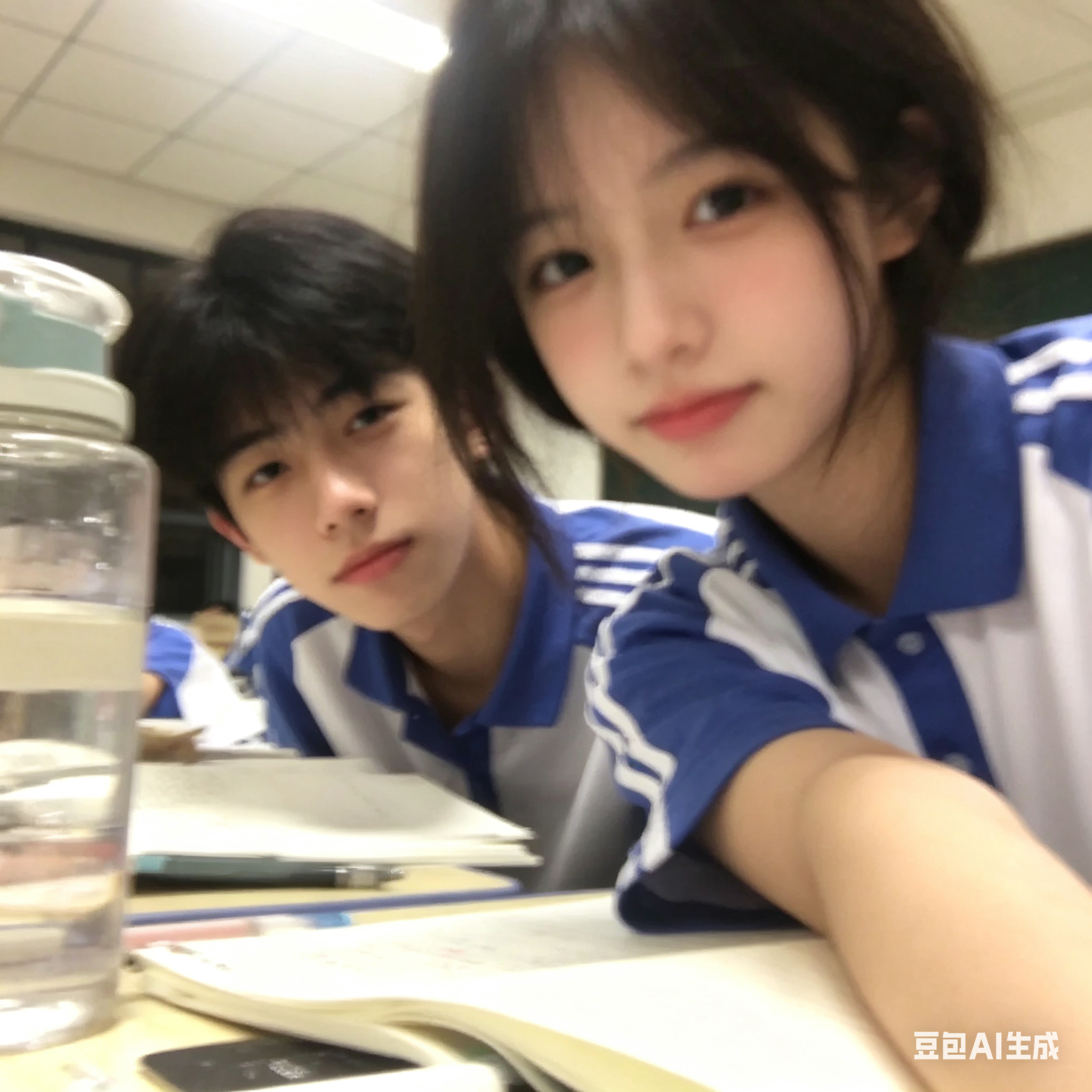帮我生成图片：帮我生成图片：帮我生成图片：日常手机快照风格，主体是长相特别漂亮自然像小说女主，建模怪，眼睛水灵灵，皮肤好，女生为法式八字刘海穿了一个蓝白校服短袖的模糊面部和身前的桌面，同桌是一个帅气的男生，把头探入镜头… - AI提示词参考图，来自西西提示词