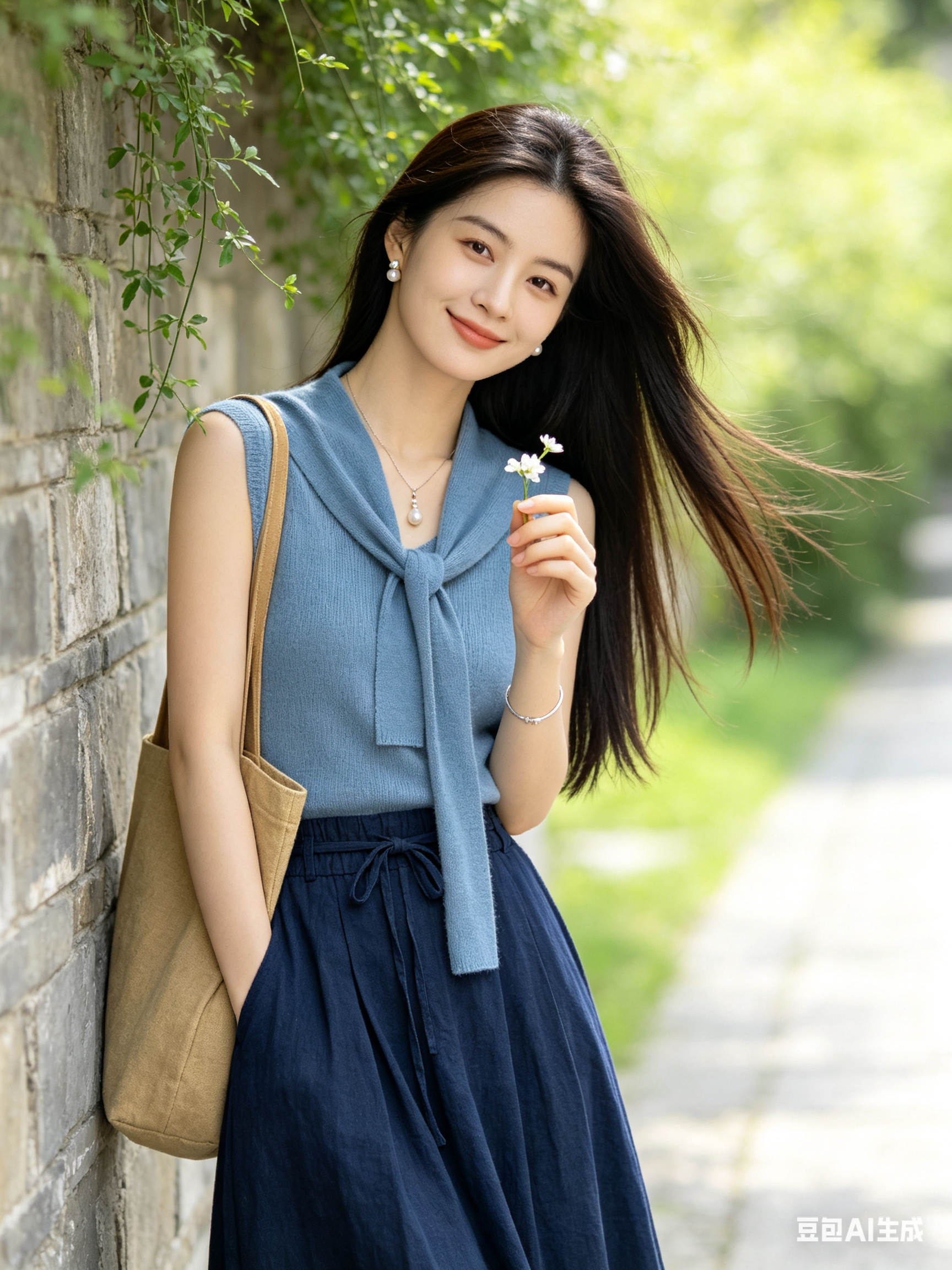清新日系户外人像摄影，一位26到35岁温婉女性，深棕黑色长直发随风轻扬，身穿雾霾蓝色无袖针织上衣，搭配同色系围巾式领口装饰，下着藏青色系带高腰大摆棉麻长裙，肩挎卡其色棉麻单肩包，佩戴珍珠耳饰、长款圆珠吊坠项链和细银手链… - AI prompt reference from CC Prompt Galaxy