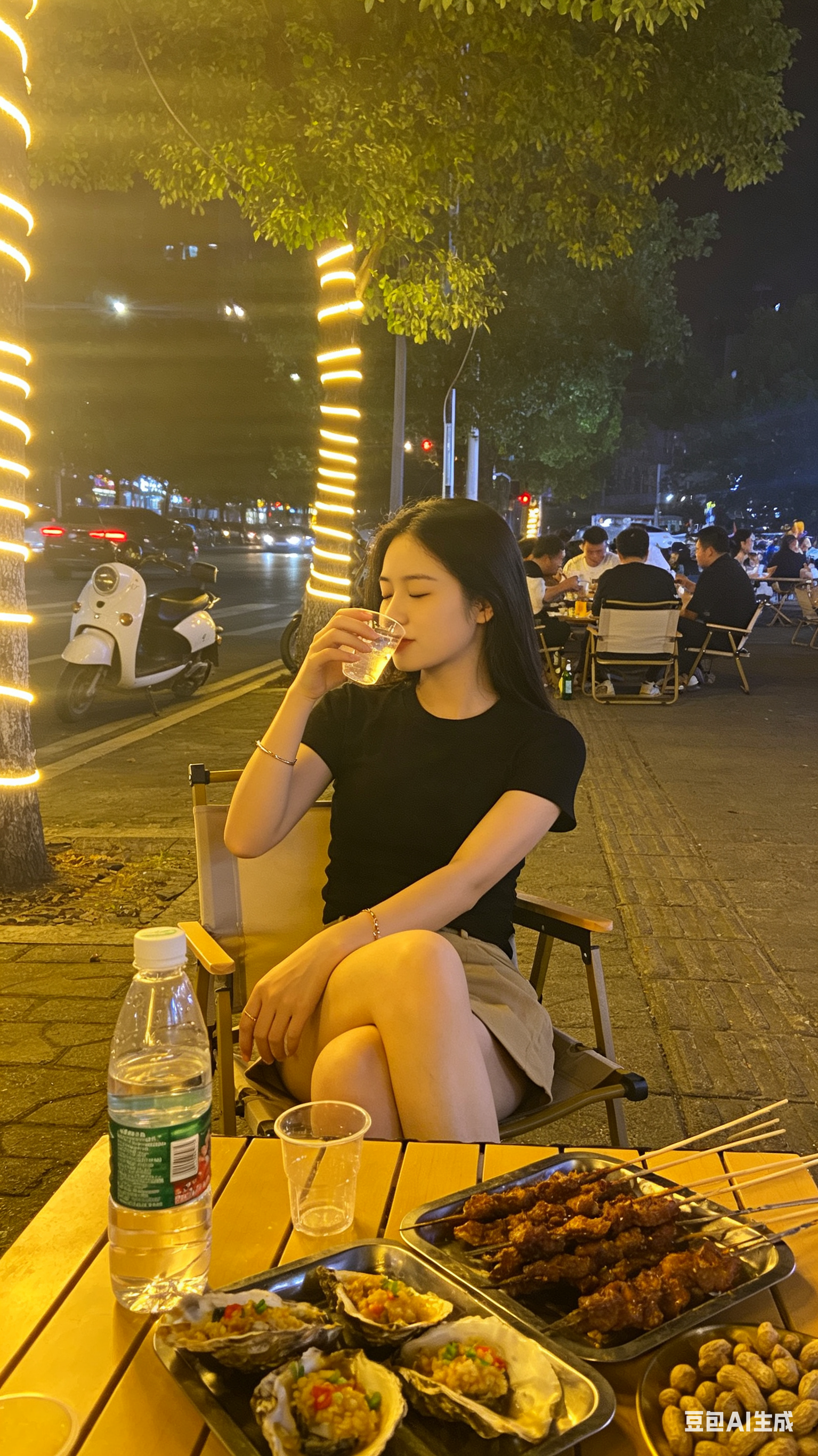 夜晚城市街边大排档的自然抓拍照片感，暖黄路灯作为主照明，光线在空气中形成柔和光晕和轻微眩光，低角度手机拍摄；年轻东亚黑发女生坐在折叠露营椅上，侧向镜头，双腿交叠二郎腿自然摆放，身穿简约黑色短袖和浅咖短裙，手腕戴细手链，… - AI提示词参考图，来自西西提示词