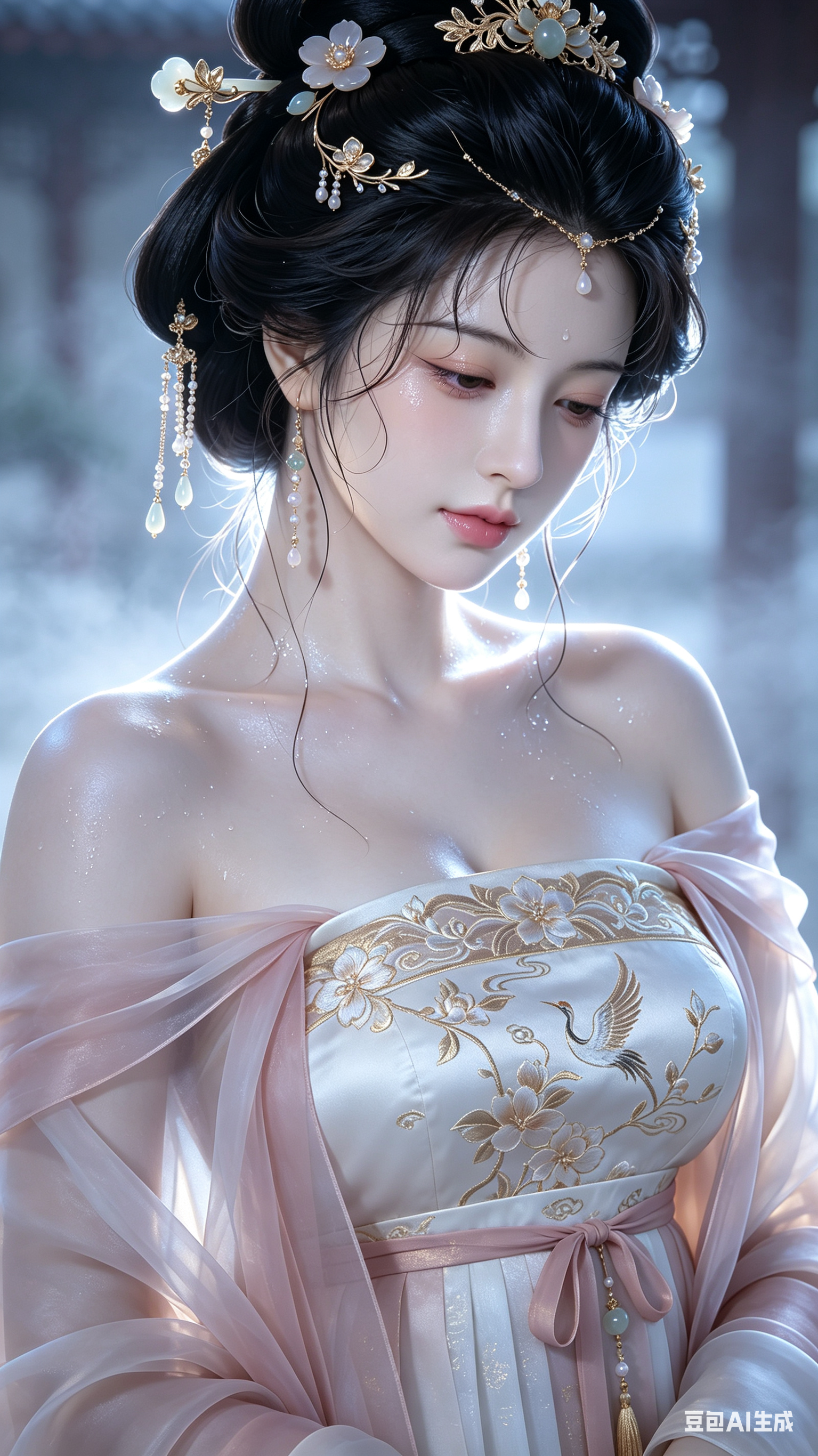 在保留原图人物半脸构图、盛唐少女气质、粉白月光色系、高精度3D国漫CG质感的基础上进行精修：人物右半脸更清晰立体，眼神更水润含光，眼底有淡淡羞怯与朦胧情愫，睫毛轻柔卷翘，眼尾微微上扬；嘴唇保持樱粉柔润、轻含微闭，表情更… - AI prompt reference from CC Prompt Galaxy