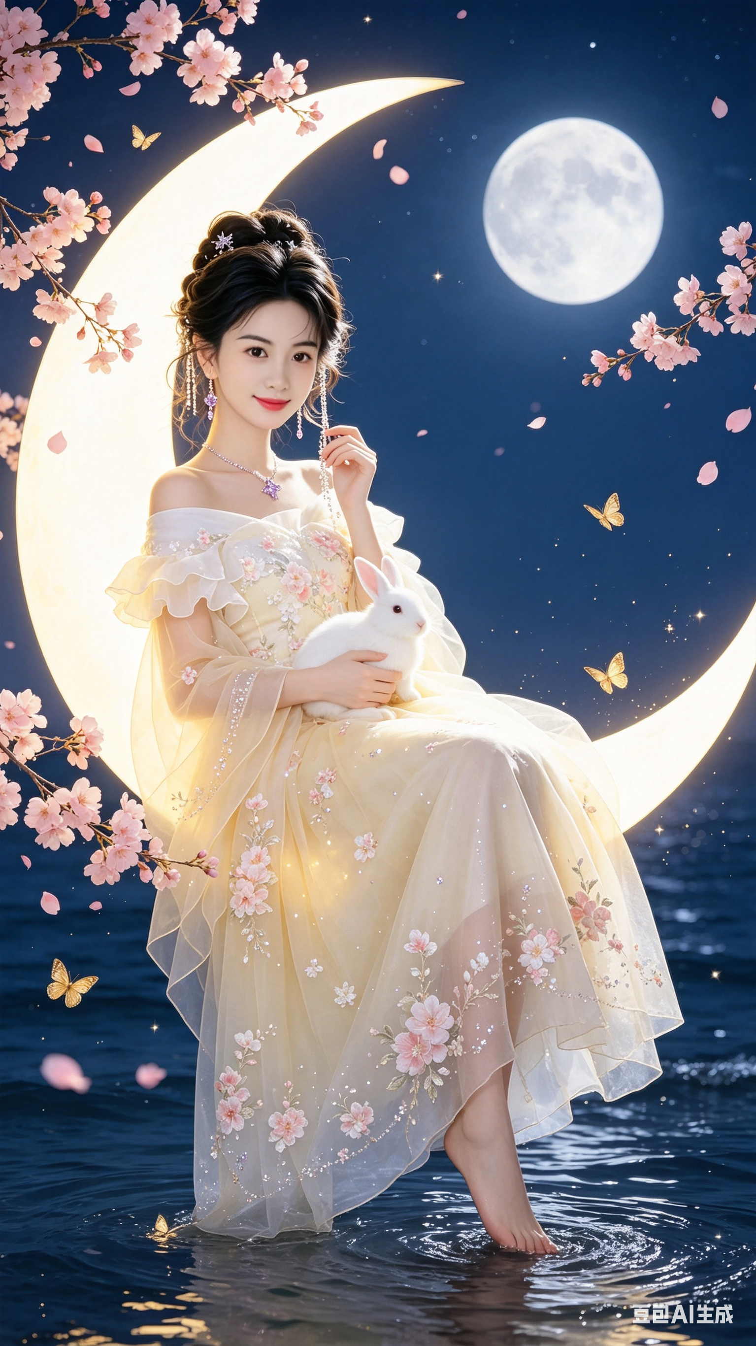 参考原图的古风梦幻月夜氛围，生成一张9:16竖版全身人像写真。年轻东亚少女，乌黑精致蓬松卷发高盘发，发间点缀碎钻流苏发饰。柔光瓷白底妆，眼妆精致，水润淡粉唇色，温柔恬静神情。佩戴紫钻长款耳坠与星形紫钻项链。身穿浅黄薄纱… - AI提示词参考图，来自西西提示词