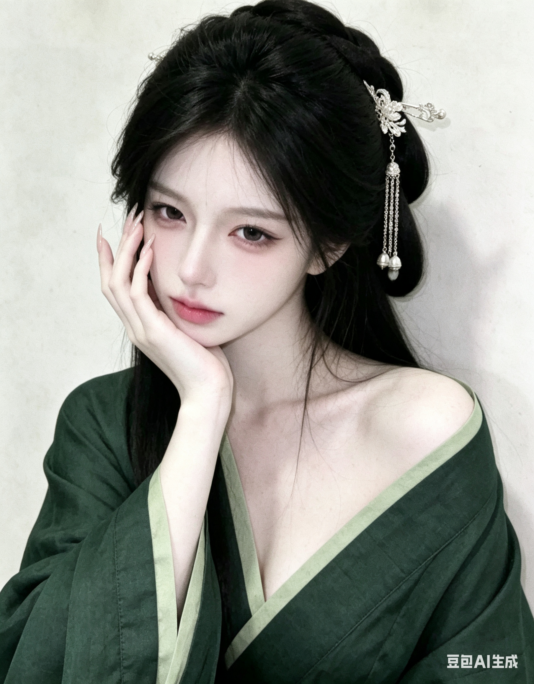 帮我生成图片：帮我生成图片：古风女子，皮肤白皙，脸很尖，下巴很尖，乌黑的头发，斜刘海（打斜遮住一半额头），精致的银色发饰（带有流苏、铃铛等装饰），竹子的深绿色花纹的古装（带有浅绿色镶边，v领露肩，材质较硬，战国袍），布… - AI提示词参考图，来自西西提示词