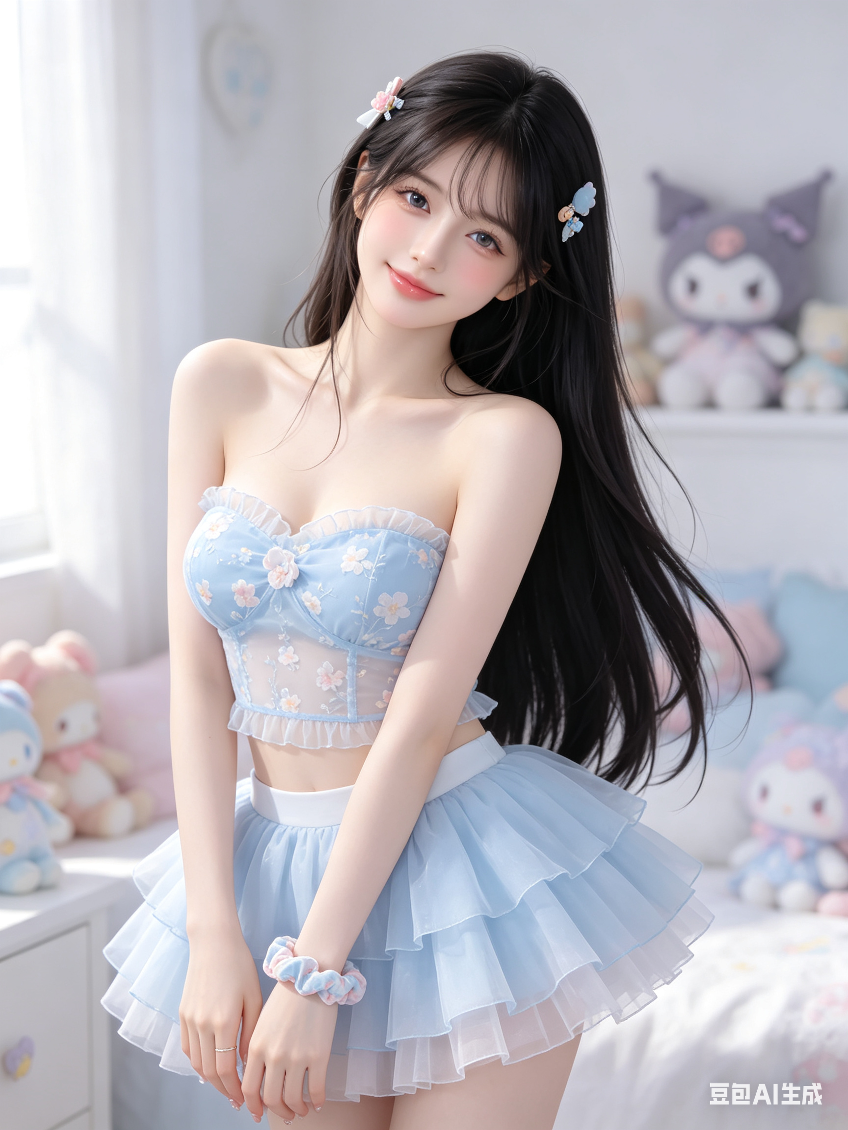 超高质量3D游戏CG半身人像，一位年轻成年女性，瓷白奶油肌，冷白通透细腻肌肤，保留真实细微肌理，皮肤次表面散射柔光，瓜子脸尖下巴，柔和下垂的明亮眼睛，眼波通透干净，浓密柔软纤长睫毛，玻璃水光唇彩，五官柔和精致，柔顺乌发… - AI prompt reference from CC Prompt Galaxy