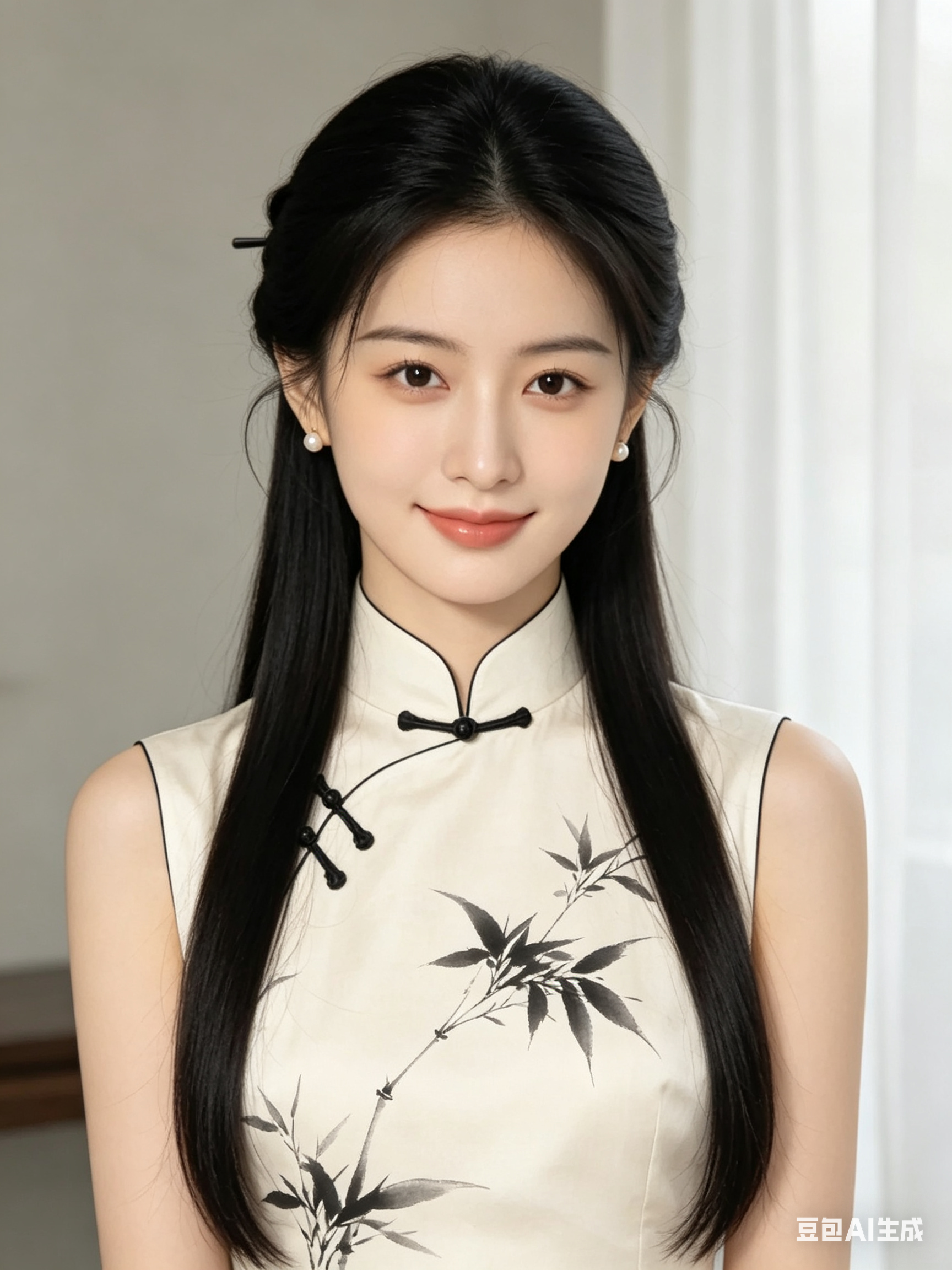 新中式工笔风格半身人像，一位19到25岁的年轻女性，乌黑柔顺的超长中分直发，半扎发型，佩戴简约珍珠耳钉，身着米白色无袖立领旗袍，领口有精致黑色中式盘扣，衣身印水墨风格黑色枝叶花卉图案，神态温婉沉静，面带浅笑，眼神柔和灵… - AI提示词参考图，来自西西提示词
