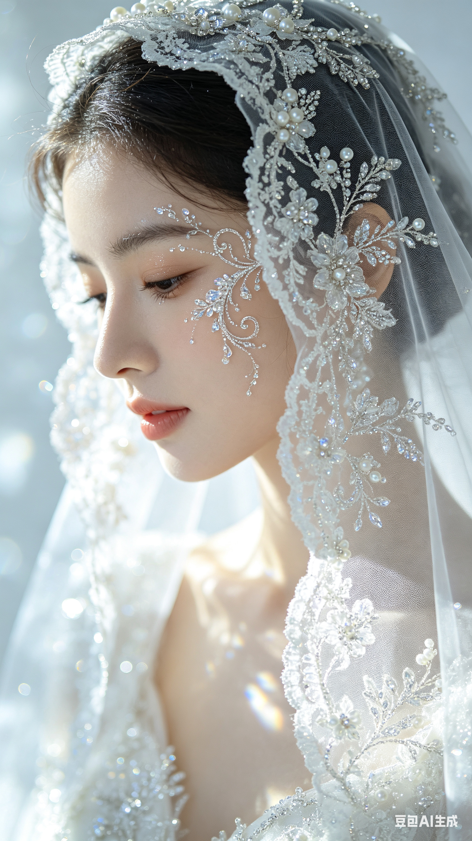 唯美婚纱肖像特写，年轻东亚女性侧颜，微微低头，眼眸低垂，唇部线条柔和，妆容干净精致，脸颊侧面装饰水晶水钻卷草花卉面部贴饰，像细密露珠与银线花纹贴在皮肤表面，头戴重工钉珠刺绣蕾丝头纱，头纱为薄透纱质，层次轻盈但装饰繁复，… - AI提示词参考图，来自西西提示词