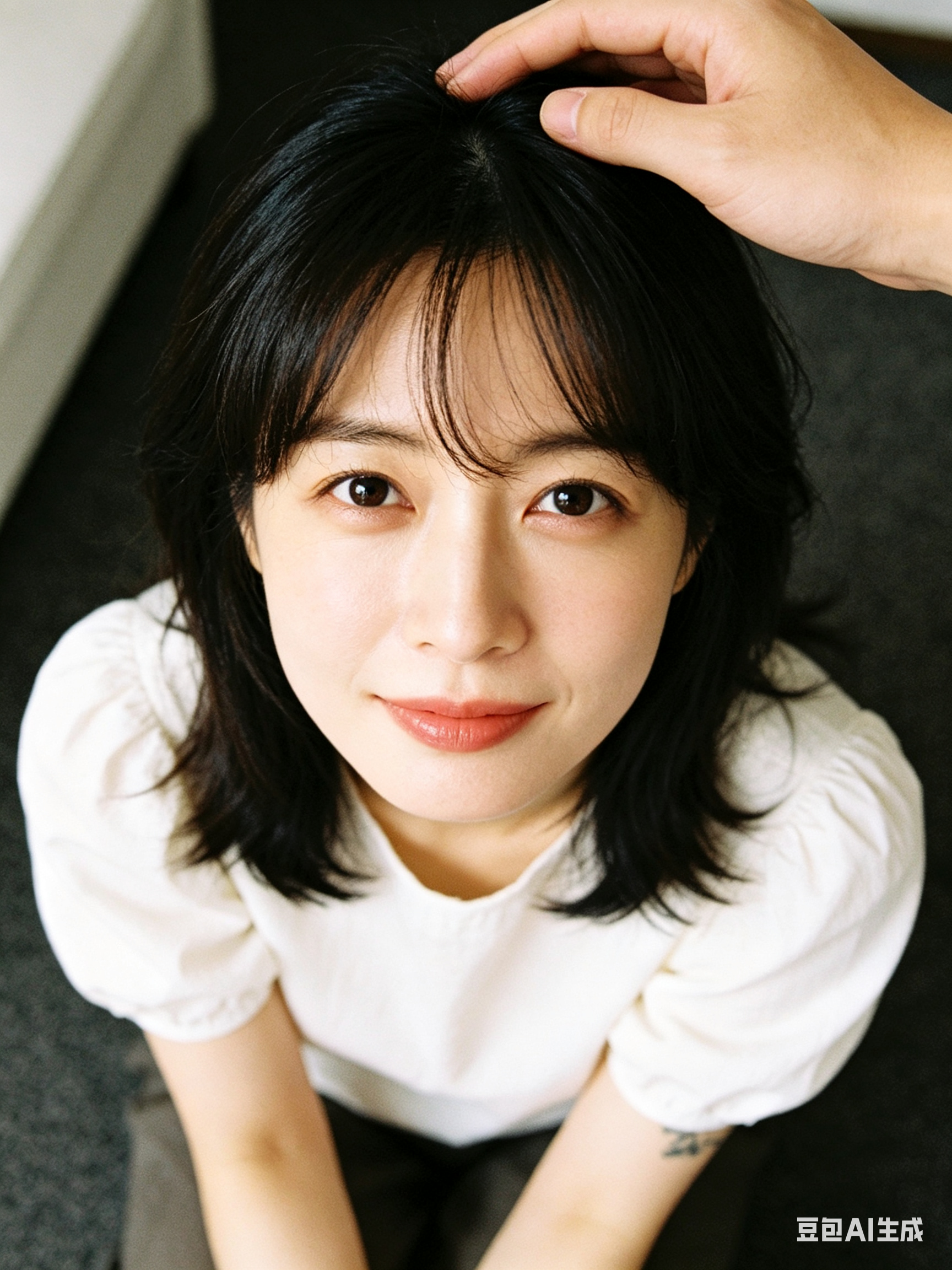 俯拍视角的成年女性人像特写照片，画面主体是一位年轻成年女性，乌黑柔顺的中长发，刘海自然垂落，白皙透亮的肌肤，清透自然妆容，柔和豆沙红唇色，她抬头看向镜头，眼神专注温柔，嘴角带淡淡微笑；身穿白色泡泡袖上衣，柔软舒适的棉质… - AI提示词参考图，来自西西提示词