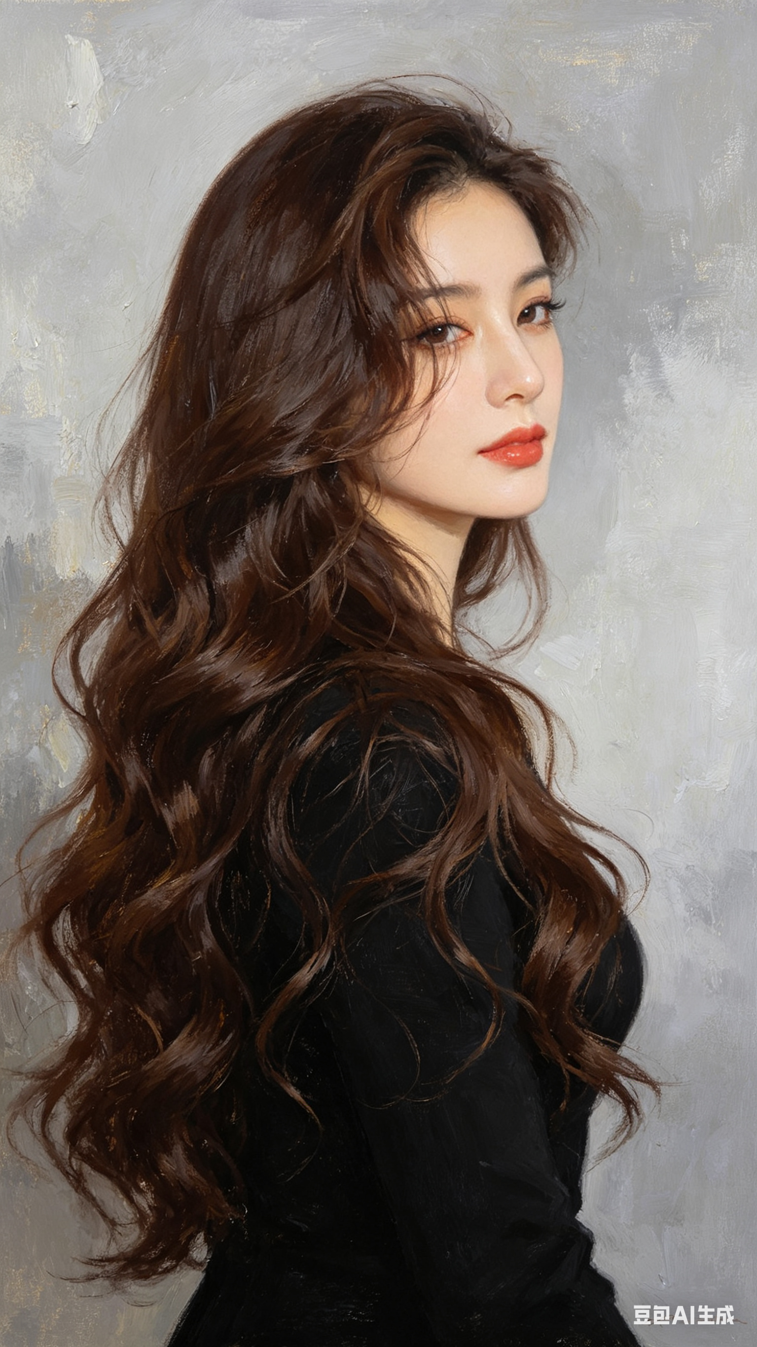 竖幅油画写真风格人像，一位成年女性侧身而立，脸部轻轻转向观者，棕色长卷发浓密蓬松、垂至腰际，发丝弯曲纹理分明，带微微光泽，几缕头发自然遮住部分脸颊，黑色衣服简约利落，肌肤雪白如玉、细腻光洁，长眉秀目，纤长浓密睫毛，高鼻… - AI提示词参考图，来自西西提示词