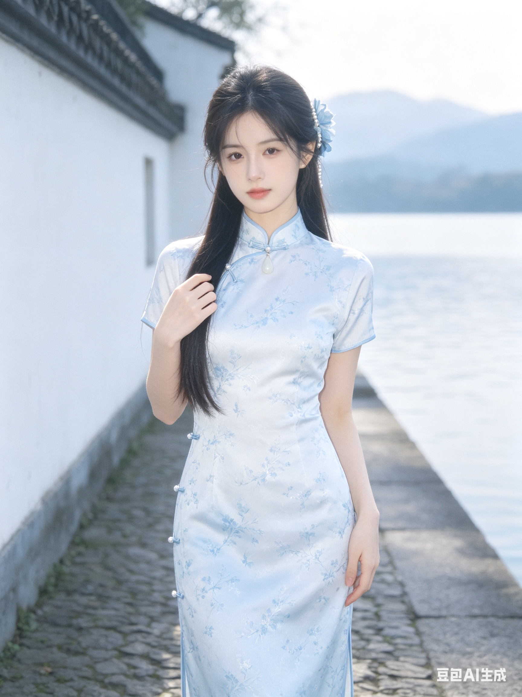 真人写实摄影质感，一位年轻成年女性穿浅蓝白改良旗袍，明确立领盘扣短袖旗袍款式，合身收腰但不露腰，裙摆自然垂坠到小腿，衣身有浅白水纹和浅蓝花枝暗纹，细腻丝绸暗纹和柔和光泽，不出现裙子、连衣裙、外套或套装。发型为长直发半扎… - AI提示词参考图，来自西西提示词
