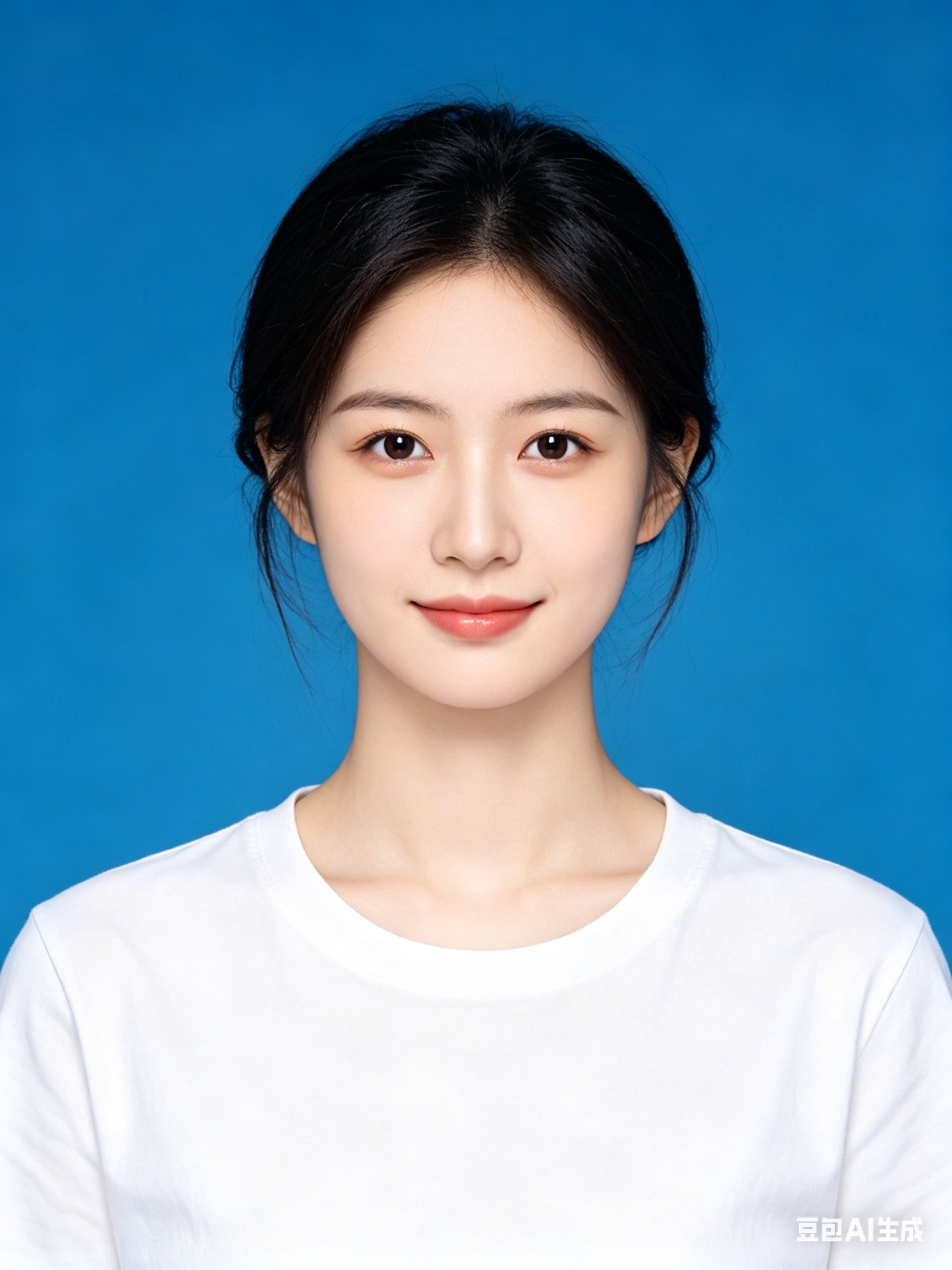 标准证件照风格人像，甜美年轻女性，五官精致，皮肤白皙，自然微笑，温柔眼神，正面拍摄，肩颈体态端正，穿纯白色圆领T恤，发型自然整洁，蓝色纯色背景，均匀柔和打光，面部细节清晰，真实摄影质感，干净大方，画面构图为胸像证件照 - AI提示词参考图，来自西西提示词