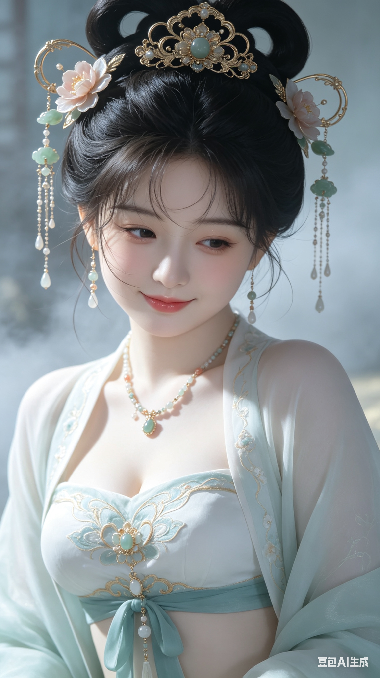 超精细半身胸像构图, 画面取景至腰部, 单侧左半脸特写, 裁切舍弃右半边脸部, 极致非对称构图. 人物身材饱满匀称, 线条柔和丰盈. 头部轻轻歪向一侧, 神态松弛慵懒, 几缕细碎发丝轻拂裸露半边脸颊. 高颜值古风少女,… - AI提示词参考图，来自西西提示词