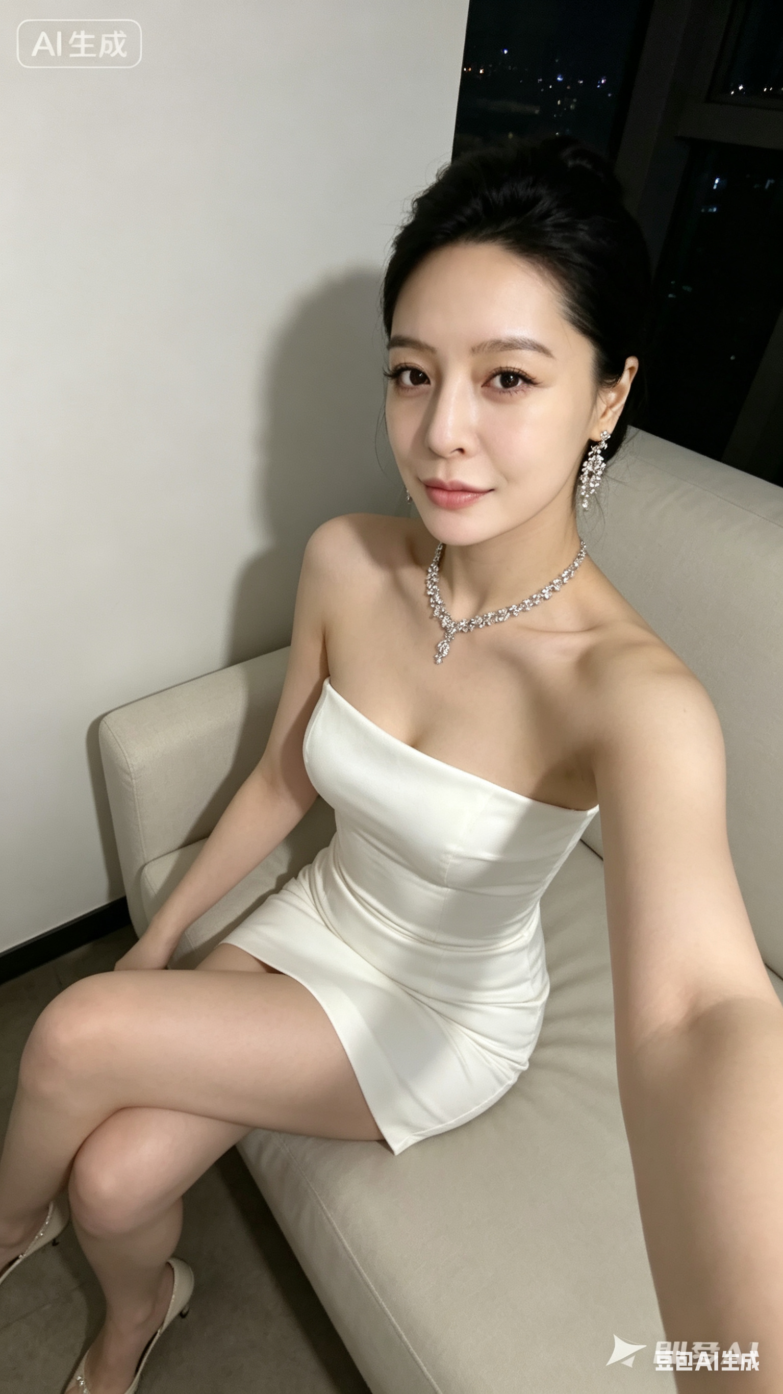 年轻成年女子穿着洁白高定修身抹胸晚礼服短裙，纤细修长的双腿与细高跟鞋，佩戴华丽水晶耳饰和项链，低盘发，姿态优雅地坐在浅色墙面与浅色沙发的夜晚室内环境中，前置摄像头随手抓拍视角，iPhone手机自拍质感，低分辨率颗粒感，… - AI提示词参考图，来自西西提示词