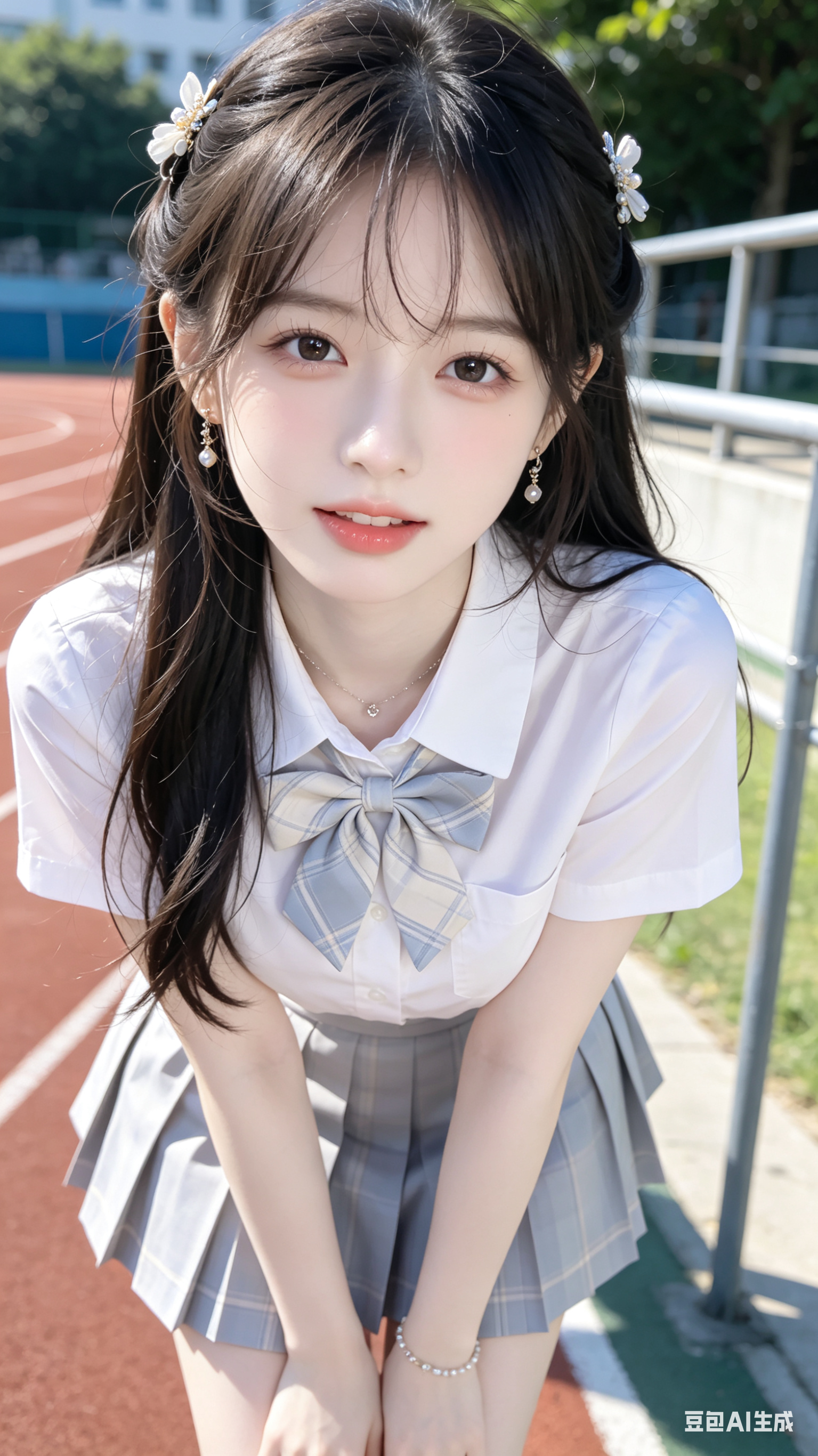 帮我生成图片：32K超清写实人物写真，校园操场边的夏日自然光，低角度仰拍构图，微距半身拍摄，主体是一位18岁冷白皮女学生，白皙细腻通透的冷白肌肤，肤色匀净光滑，带偶像感与清纯甜美气质，表情可爱，眼神灵动，动作俏皮自然，… - AI prompt reference from CC Prompt Galaxy