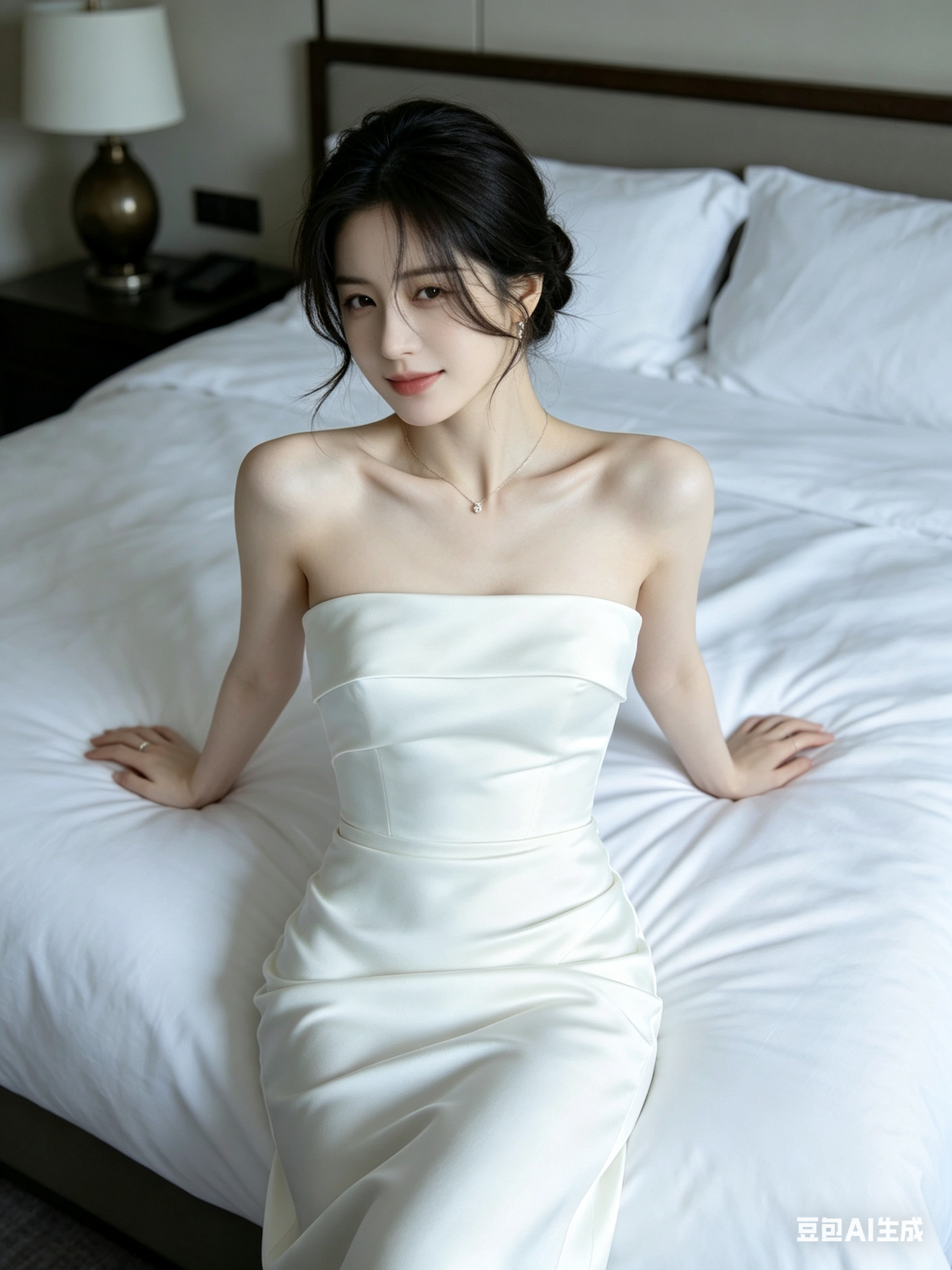 基于参考图生成一位成年女性小姐姐坐在床边的人像写真，保留参考图中的白色抹胸缎面礼服、修身褶皱上身、柔软裙摆、坐在床面的姿态和优雅气质；补全自然清晰的脸部五官，妆容干净高级，黑色盘发，表情温柔自信；画面为竖版半身到膝上构… - AI prompt reference from CC Prompt Galaxy