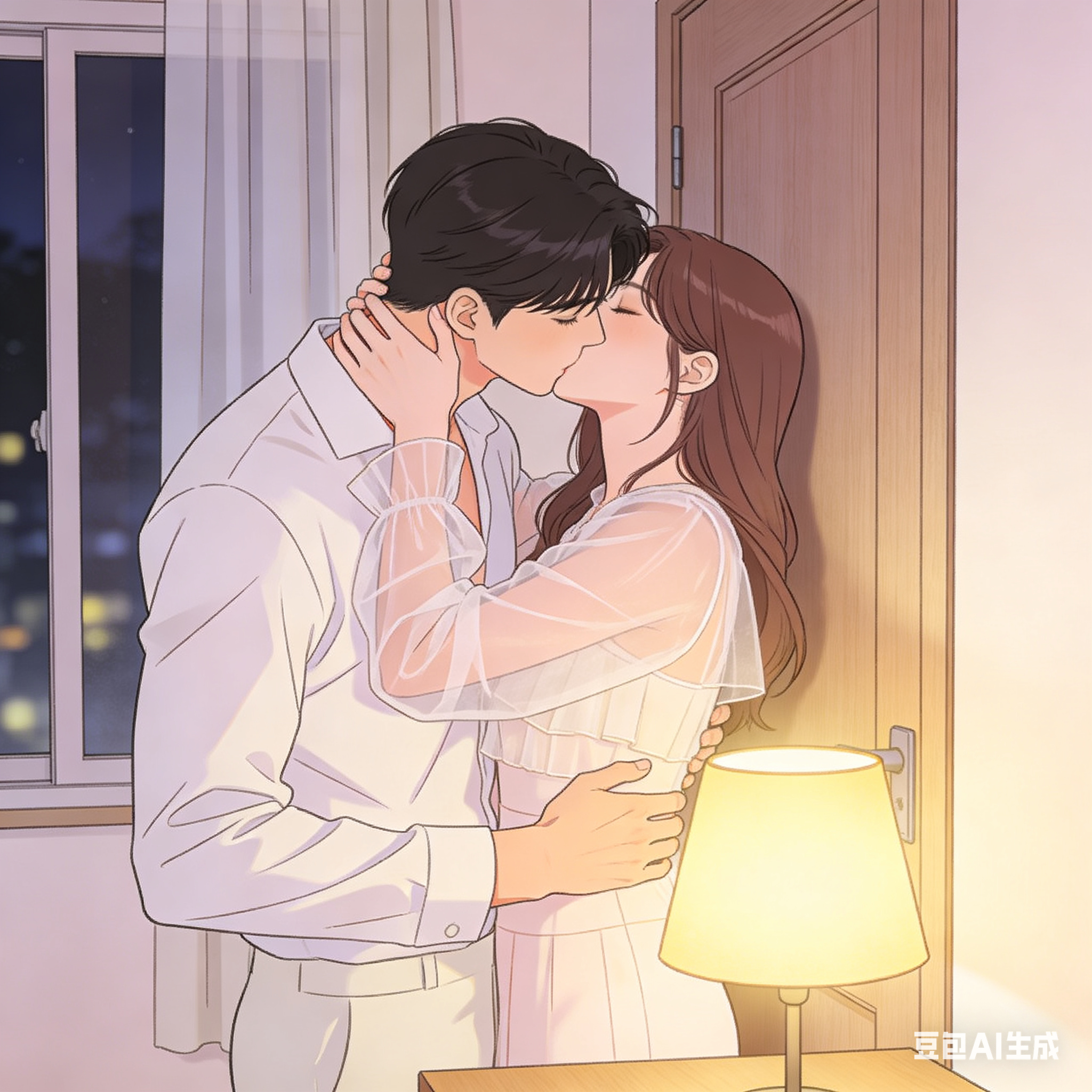竖版漫画插画，安静的夜晚房间，背景是一扇关闭的木门，成年女性靠近成年男性并将他抵在门前，双手自然环抱住他的脖颈，二人温柔亲吻，男性微微低头回应，氛围亲密但克制，暖黄色台灯在桌面形成柔和光晕，窗帘外可见模糊夜色，少女漫画… - AI提示词参考图，来自西西提示词