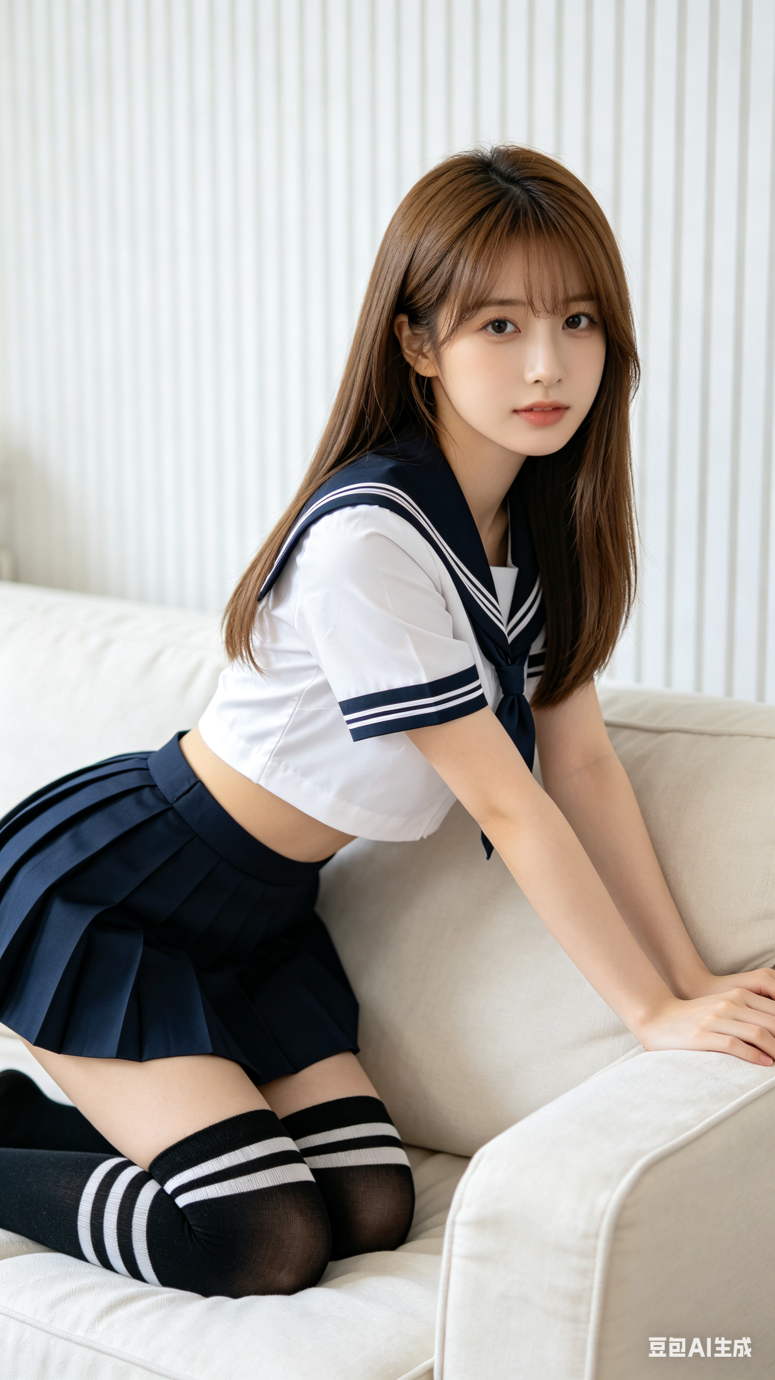 9:16竖屏构图，8K超高清真人写实人像，索尼A7R4相机质感，85mm f/1.8大光圈镜头，原生室内实拍质感，年轻东亚女生，标准修长瓜子脸型，精致柔和五官，清透淡妆，浅棕中长发顺直披肩；短款露腰藏青白边水手服上衣，… - AI提示词参考图，来自西西提示词