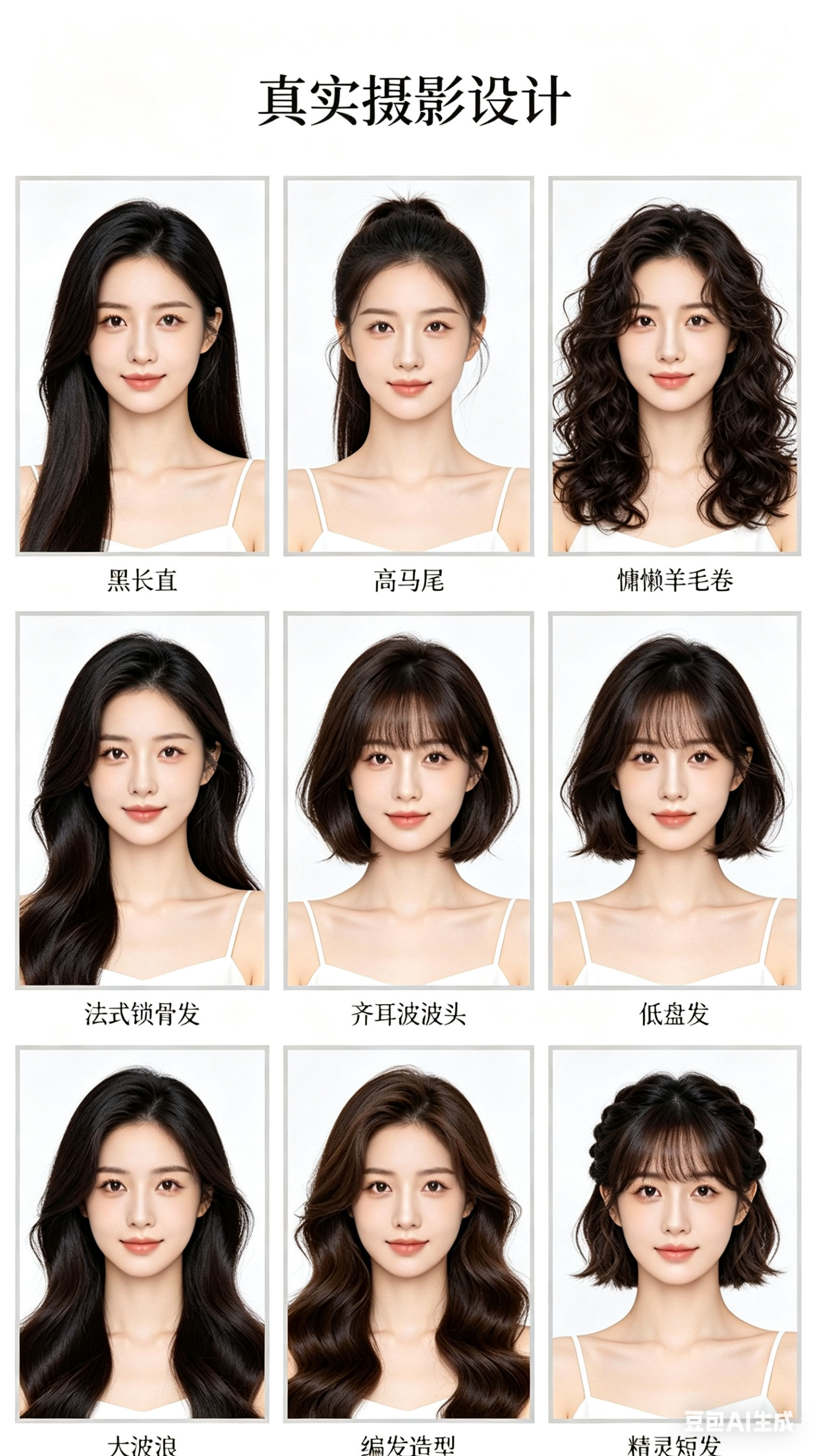 帮我生成图片：一张女生九宫格发型设计图，3行3列整齐排版，每格是同一位年轻亚洲女性的半身头像，五官比例自然统一，妆容清透，白色干净背景，柔和棚拍光，真实摄影质感，九格分别呈现不同发型：黑长直、高马尾、慵懒羊毛卷、法式锁… - AI提示词参考图，来自西西提示词