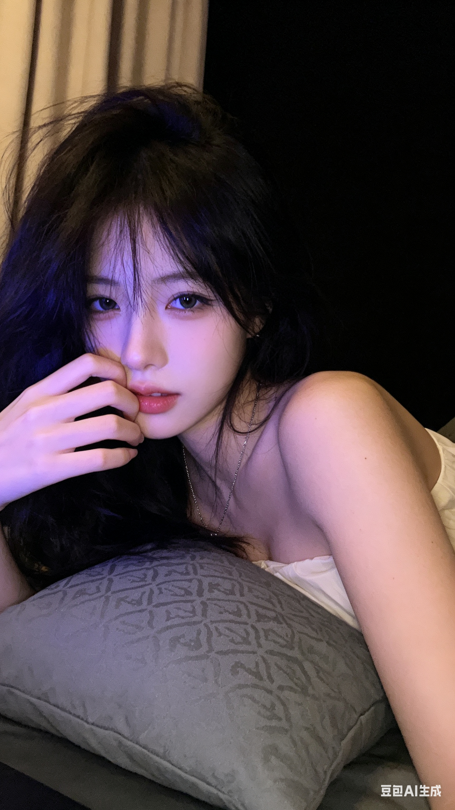 以上传图片作为面部和角色的严格参考，生成自拍照，垂直框架，现实主义的低光手机自拍，拍摄于昏暗的卧室夜晚，与参考照片中的面孔相同。苍白的脸上泛着蓝紫色屏幕光芒；背景为深色，左侧留有米色遮光窗帘。营造出一种慵懒舒适的深夜低… - AI提示词参考图，来自西西提示词