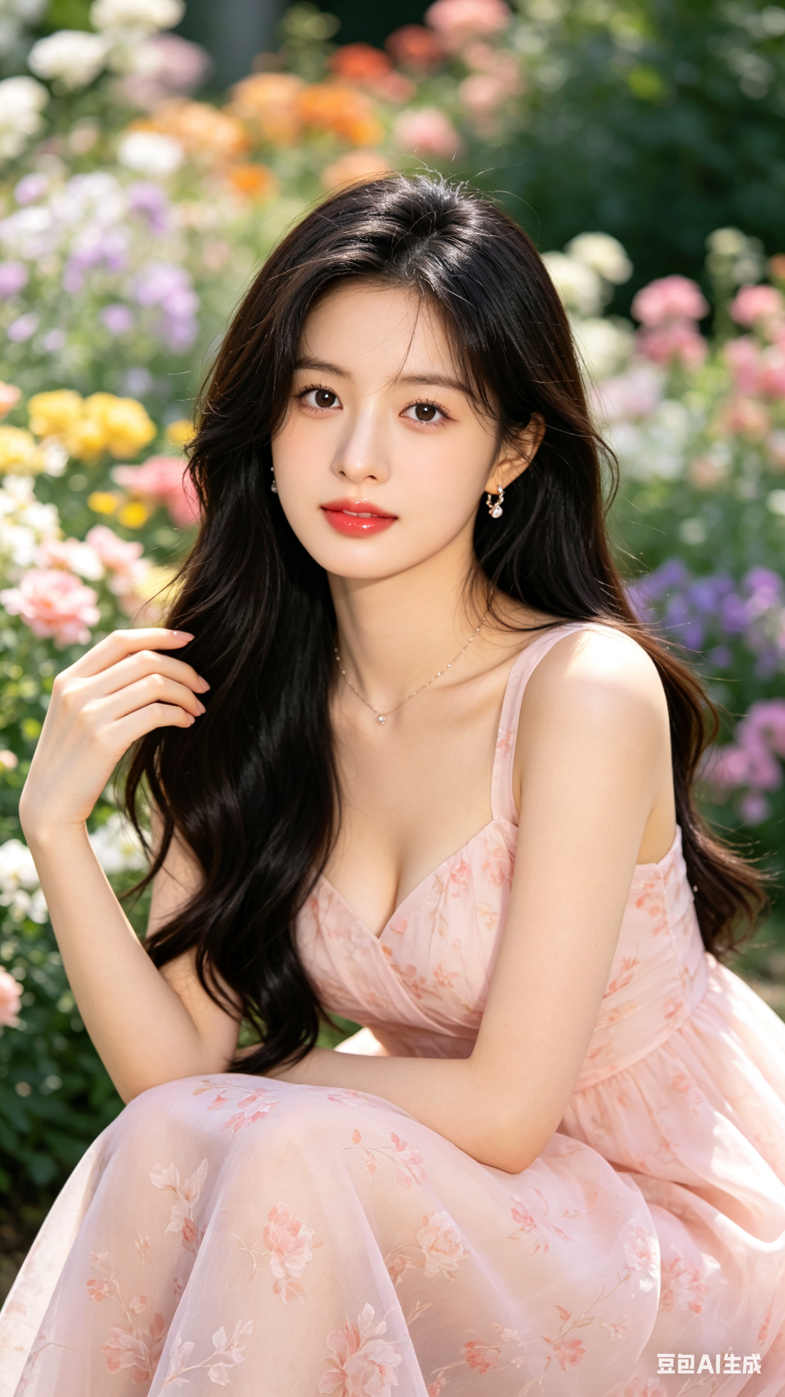帮我生成图片：竖版专业人像摄影写真，一位十八九岁清纯甜美少女，五官精致，鹅蛋脸，白皙通透肌肤，大眼皮大眼睛，眼神清澈含光，长睫毛，淡妆，朱唇带光亮唇彩，佩戴精致耳饰和细项链，苹果肌自然鼓起，长发披肩，发梢微卷，身穿轻盈… - AI提示词参考图，来自西西提示词