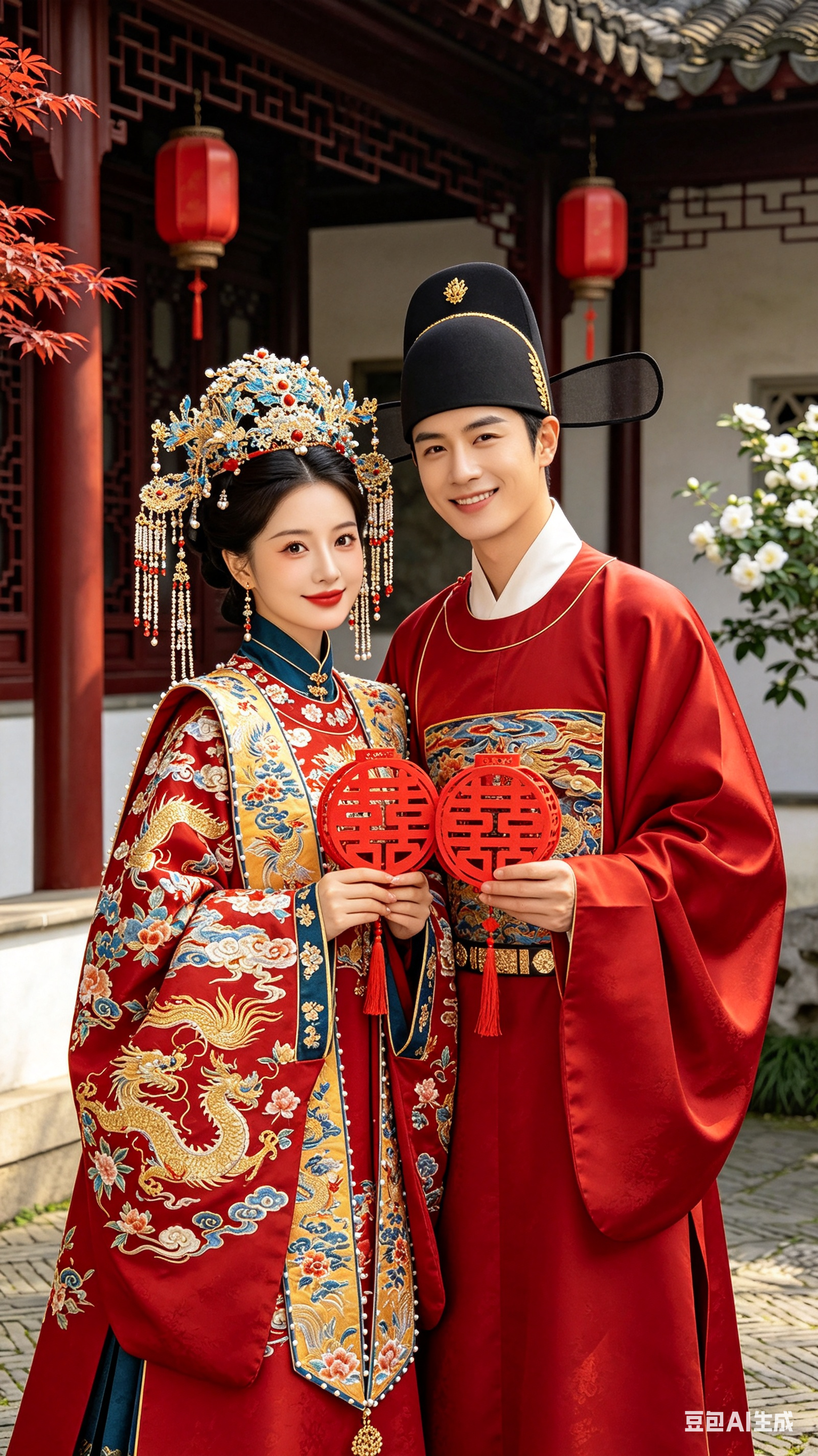 中国20岁年轻新娘与新郎的明制婚礼全身近景摄影，两人身体微微靠近，手持同款红色镂空喜字灯笼，视线都望向镜头，姿态亲昵互动自然。新娘皮肤白皙有光泽，大眼睛双眼皮长睫毛，水润樱桃红唇，妆容精致，柳叶眉，面带温婉甜美笑容，身… - AI提示词参考图，来自西西提示词