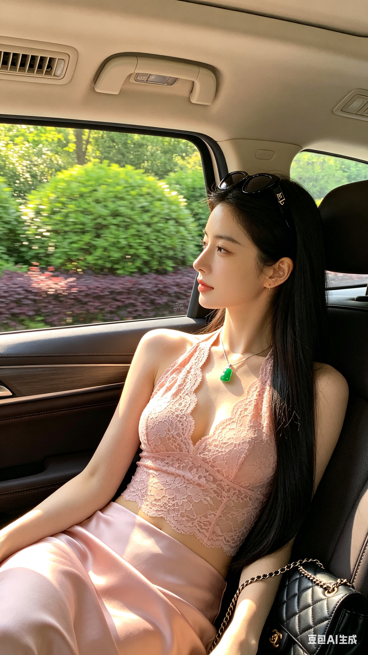 高清写实汽车后座人像摄影，一位年轻女性倚坐在深色座椅上，身体微微侧向车窗，目光看向画面左侧，表情松弛自然，午后自然日光穿过车窗洒入车内，形成柔和金色光斑和通透空气感。她的黑长直发顺滑垂落肩头，头顶黑色墨镜带有低调品牌标… - AI提示词参考图，来自西西提示词