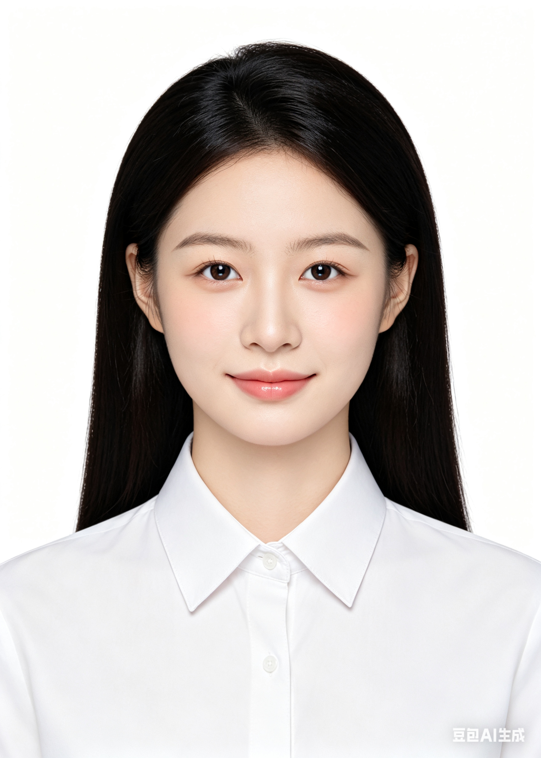 8K超写实高清人像摄影，标准证件照构图，正面平视镜头，年轻东亚少女，五官精致端正，皮肤白皙通透，保留自然皮肤肌理与细腻毛孔，面部光影干净柔和，均匀柔光打光。温柔甜美气质，清透自然妆容，淡粉色唇妆，自然腮红，干净精致眼妆… - AI提示词参考图，来自西西提示词