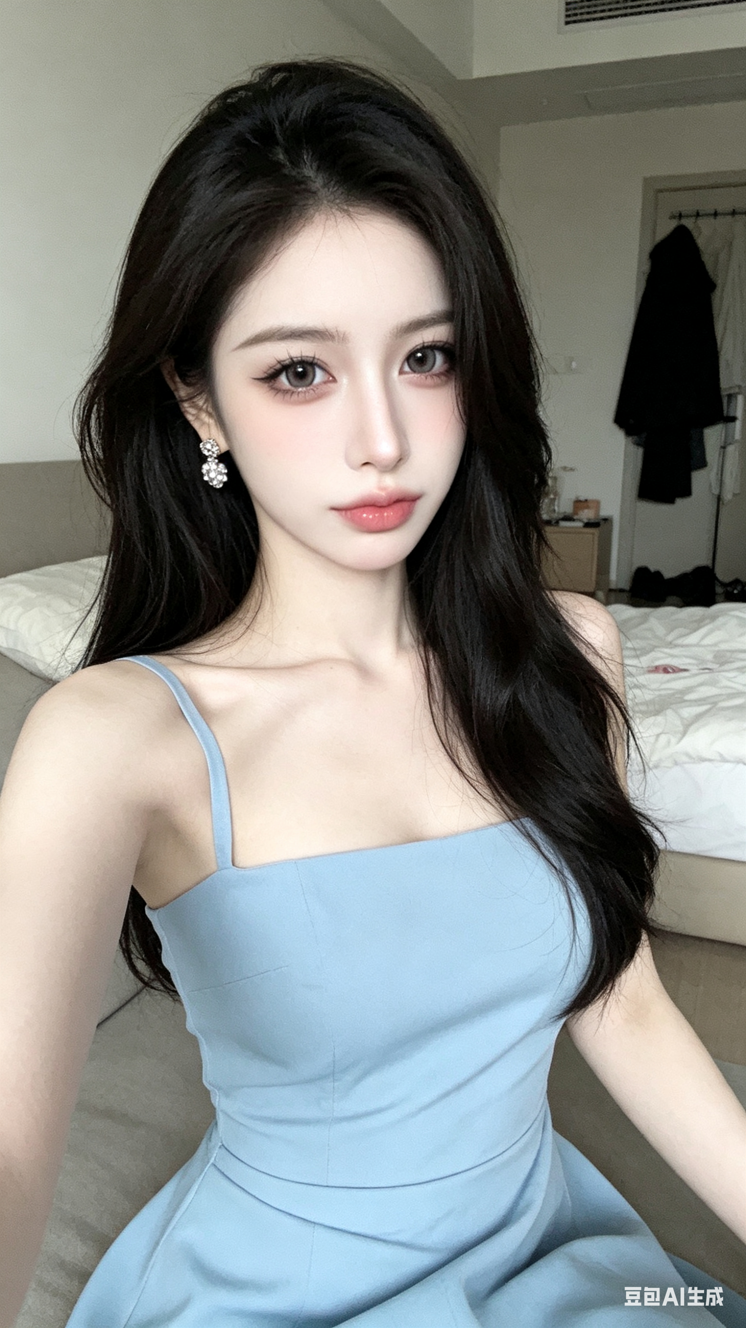 完全原创的写实年轻成年女性人像，不对应任何真实公众人物、网红、明星或已知角色，五官组合全新且唯一。普通室内居家环境，简约浅蓝色裙子，耳边有闪亮耳饰，长发自然垂下但发丝质感略假，妆容过重，表情僵硬可爱。手机自拍快照感，随… - AI提示词参考图，来自西西提示词