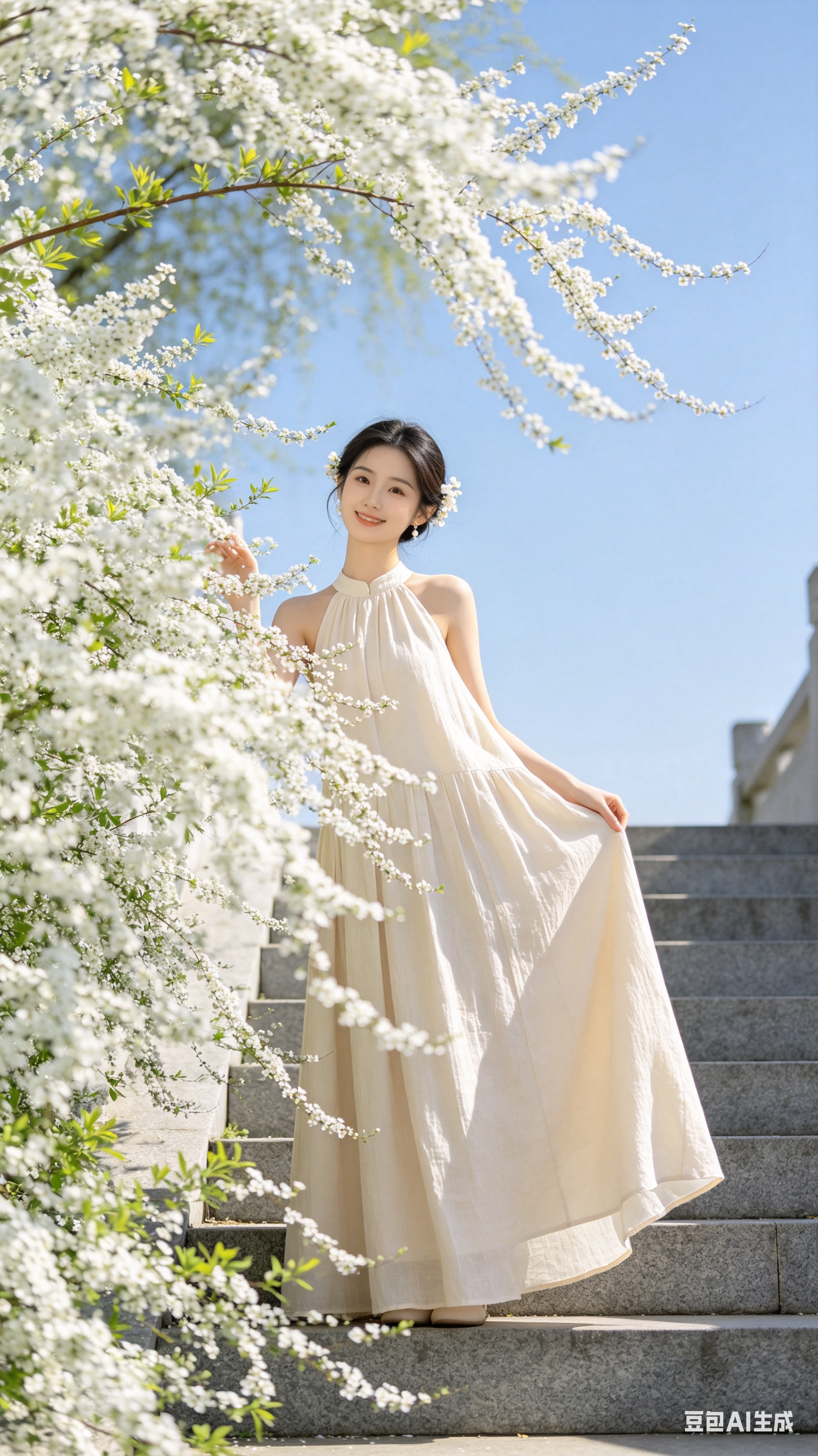 一位20岁以上成年江南气质女性，冷白皮，精致脸型，清透光滑肤色，高颜值偶像感，妆容轻盈甜美，发间点缀细小白色花朵饰品，穿着香槟色挂脖无袖棉质大摆长裙，裙身有挺括高级面料纹理与自然垂坠褶皱，站在灰花岗岩多层阶梯上，身体微… - AI提示词参考图，来自西西提示词