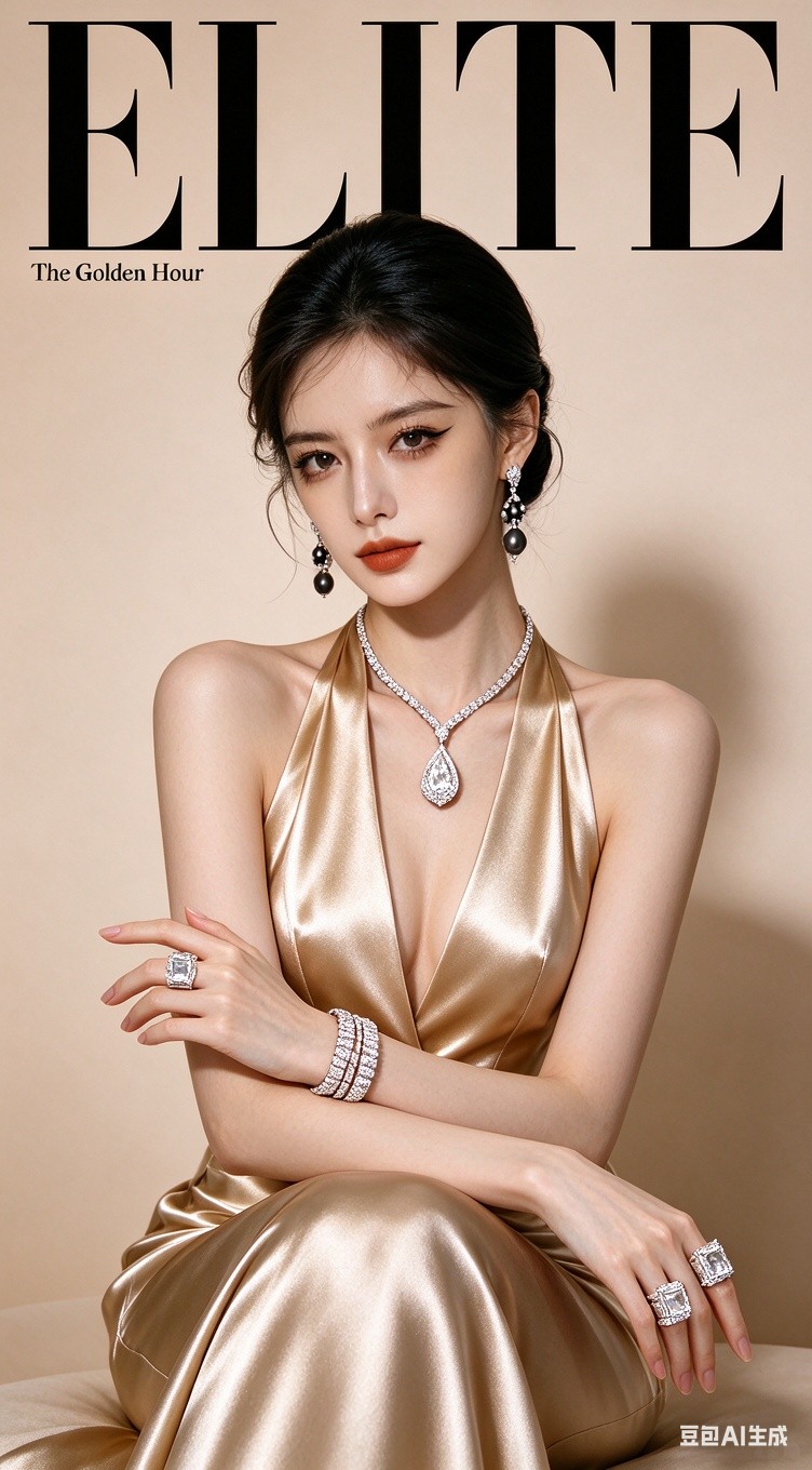 将参考图中的女性人物重塑为9:16竖版高端时尚杂志封面画面。画面顶部放置加粗黑色英文大字刊头“ELITE”，刊头下方加入小字副标题“The Golden Hour”。整体为8K超写实商业人像摄影质感，顶级单反画质，极致… - AI提示词参考图，来自西西提示词