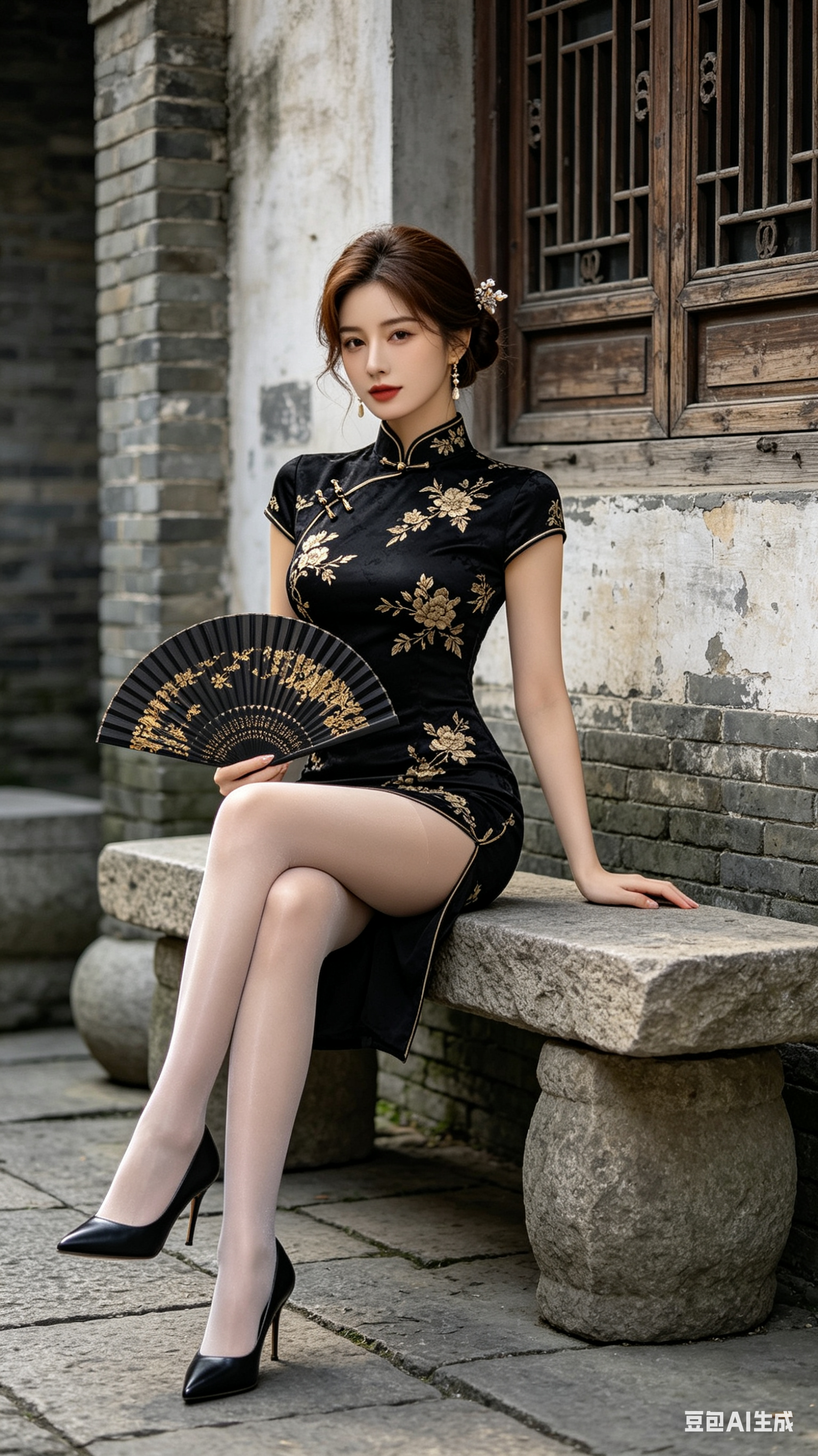 8K超写实真人摄影质感,中景全身人像,略微低角度拍摄,一位九头身沙漏曲线亚洲女性坐在石质长凳上,双腿交叠,一手持黑金折扇,一手轻撑凳面,清冷国风御姐气质;棕褐色盘发搭配精致发簪与耳饰,穿黑色短款改良旗袍,金银花卉暗纹刺… - AI prompt reference from CC Prompt Galaxy