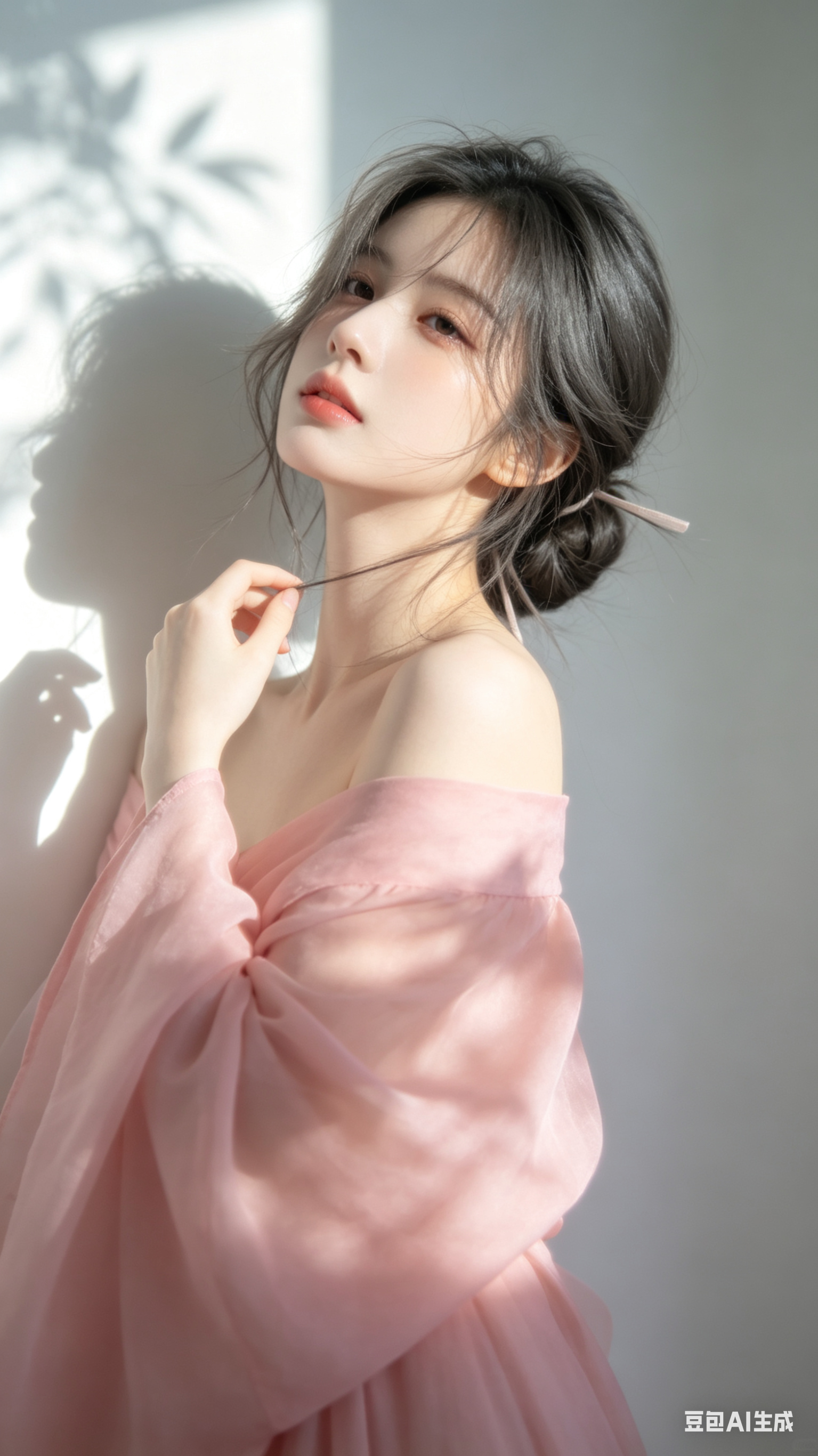 年轻成年女生的近景半身人像，深灰色长发用细带束起并低盘成发髻，发丝自然蓬松地落在脸侧与肩头，冷白皮肤、白皙水润、瓜子脸尖下巴，容貌精致如洋娃娃，神情害羞沉静，轻轻触碰头发，与镜头形成自然互动，穿艳粉色露肩精致长裙，裙身… - AI prompt reference from CC Prompt Galaxy