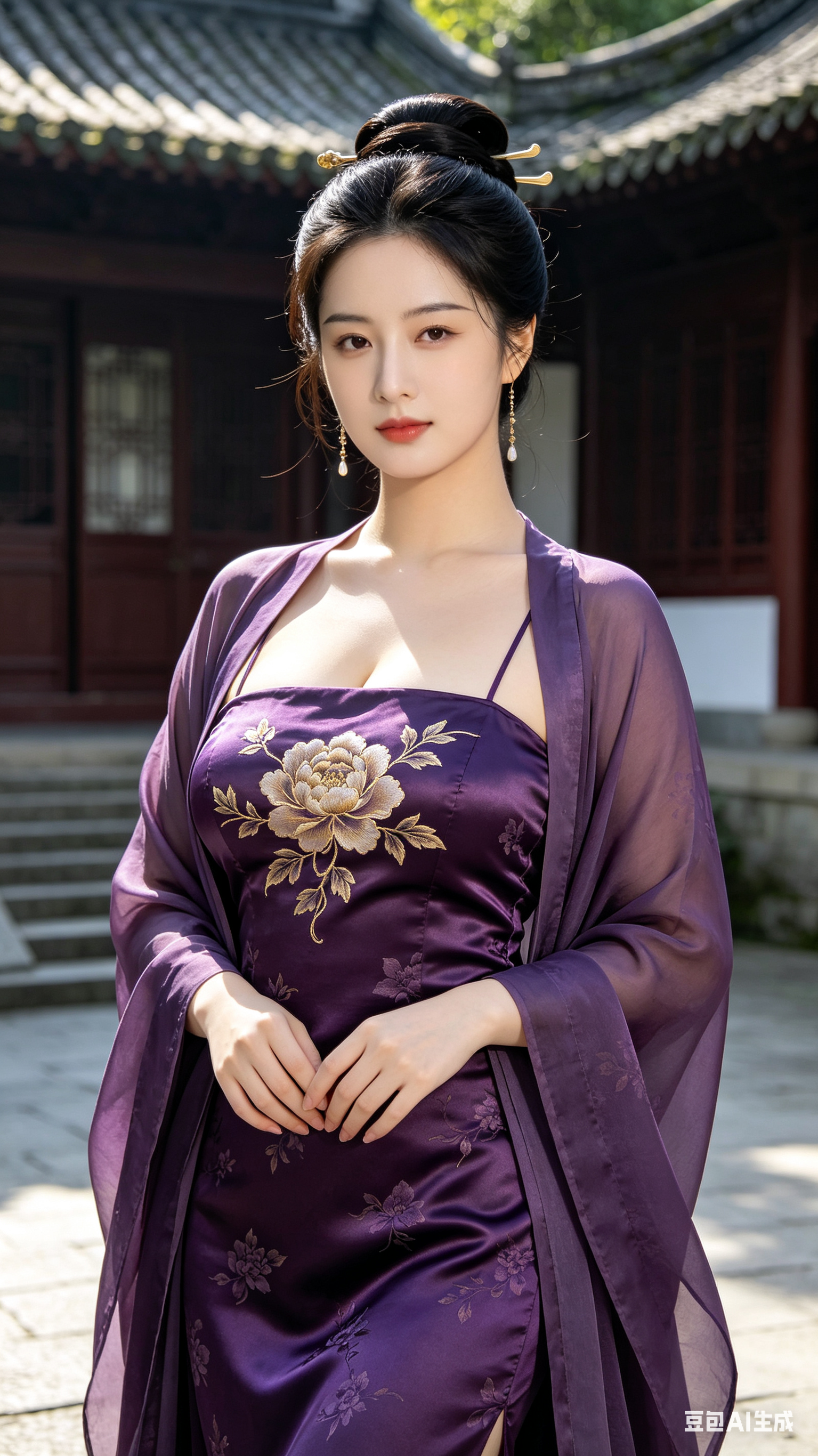 写实真人摄影风格，一位20岁年轻中国女子，冷白皮，道士发髻，身着黛紫色暗花缎面吊带长裙，胸口为克制的中式抹胸设计，带精致金线牡丹刺绣，同色古装大袖开衫自然垂落，体态丰腴圆润，线条优雅大方，气质舒展，绝不纤细瘦削，半身近… - AI提示词参考图，来自西西提示词