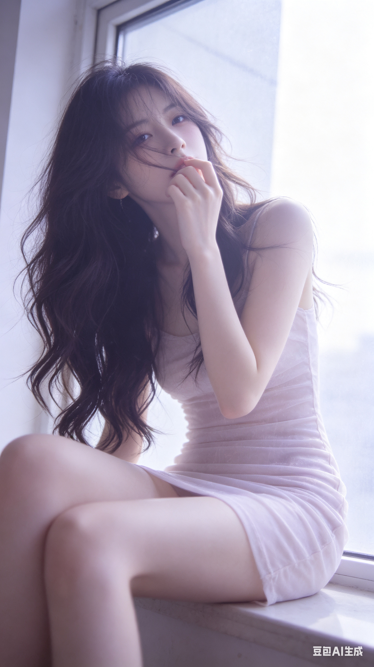 一位成年年轻女性真人出镜，及腰微卷长发自然散落，冷白皮、瓜子脸、尖下巴，五官柔和精致，淡妆，穿轻柔细腻的浅色紧身裙，像洋娃娃般可爱又带一点妖冶。她坐在窗台上，双腿自然交叠，身体微微后仰，抬眼从长发缝隙里看向镜头，手指轻… - AI提示词参考图，来自西西提示词