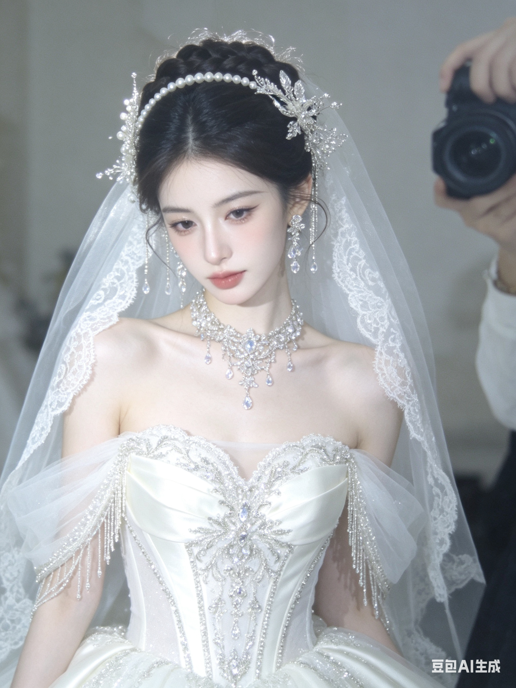 成年女性重工婚纱礼服随拍照，手机近距离视角，人物居中偏上构图，小头小脸、冷白皮、极瘦窄脸型，清冷妩媚狐狸眼，表情冷感优雅又温柔，微垂脖颈，肩线放松。低盘发造型带编发纹理，珍珠串饰、水晶流苏、蕾丝发罩、银色金属雕花发饰层… - AI提示词参考图，来自西西提示词