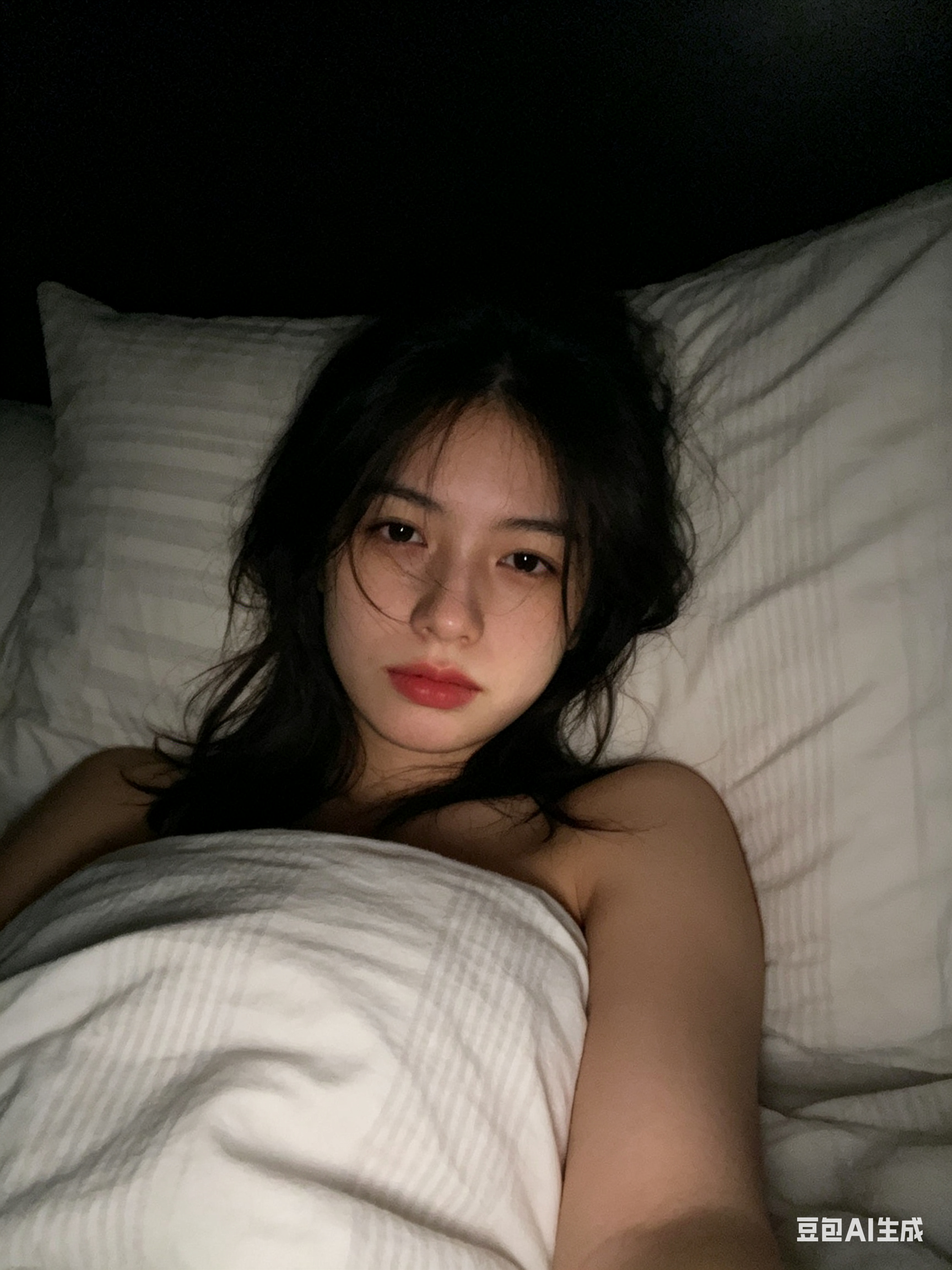 A young woman lying casually on a bed with soft striped pillows, taking a close-up front camera selfie at nig… - AI提示词参考图，来自西西提示词