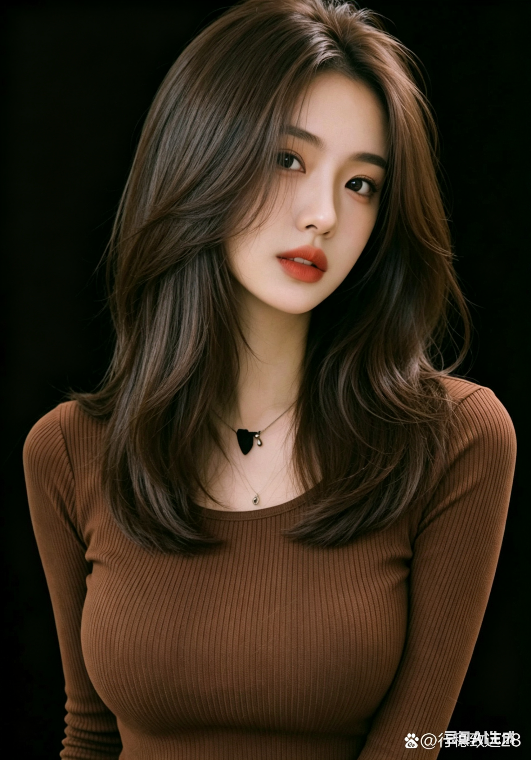 保留原图人物的姿态、服装、项链、背景和整体光影质感不变，仅将头发替换为棕色时尚感发型：中长偏长发，暖棕巧克力色，发丝有自然层次和柔和光泽，发尾轻微内扣，顶部蓬松自然，整体干净时髦；保持人物脸部遮挡区域不变，不改变五官比… - AI prompt reference from CC Prompt Galaxy