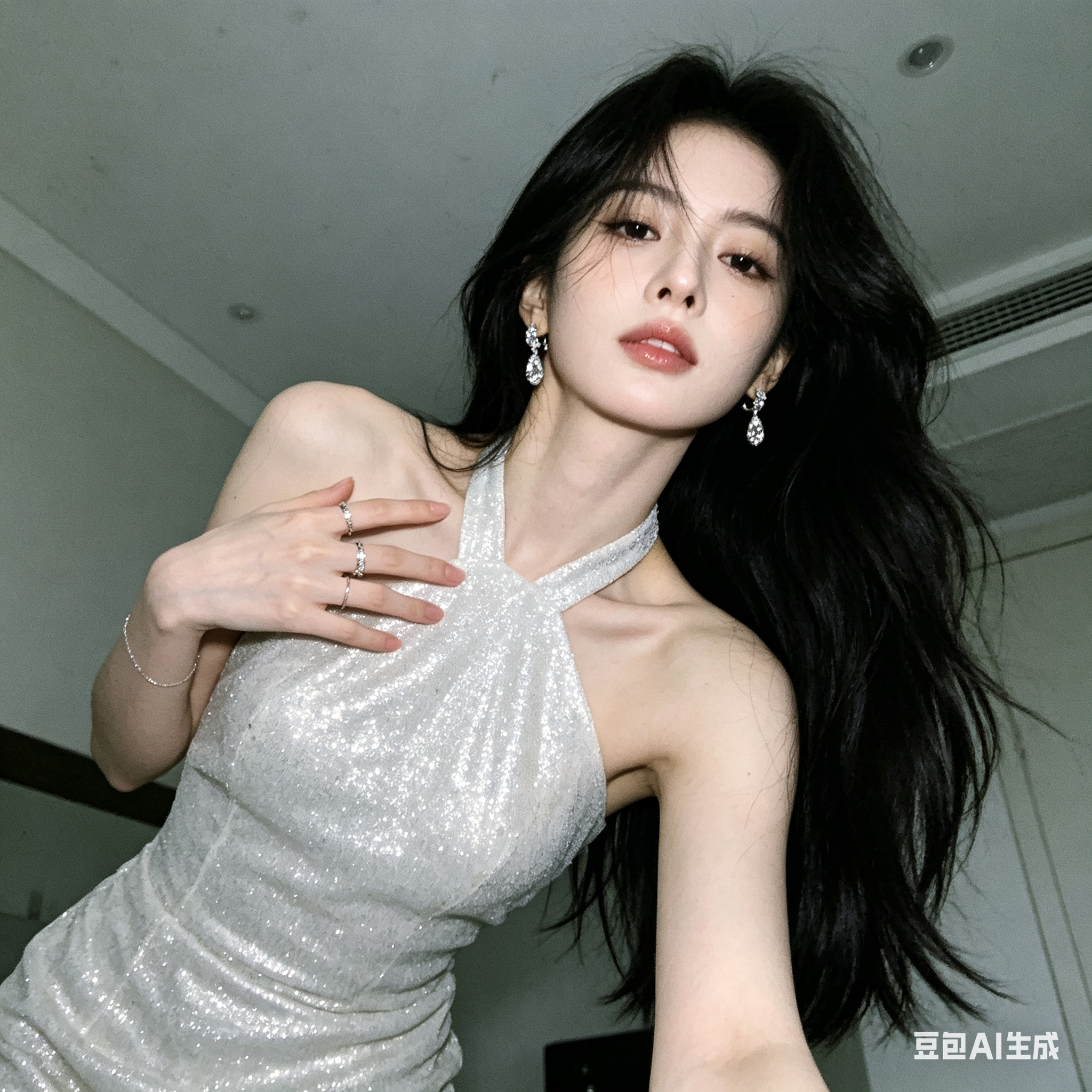 一位黑发年轻成年女性的近距离手机自拍照，长发及腰且顺滑自然，身形纤瘦，冷白肤色，穿漂亮的银白亮片礼服，礼服肩颈设计简洁优雅，佩戴闪亮耳饰和细戒指，姿态妩媚自然，身体微微前倾，手指轻触肩颈，像被随手捕捉的浪漫瞬间，粗糙手… - AI提示词参考图，来自西西提示词