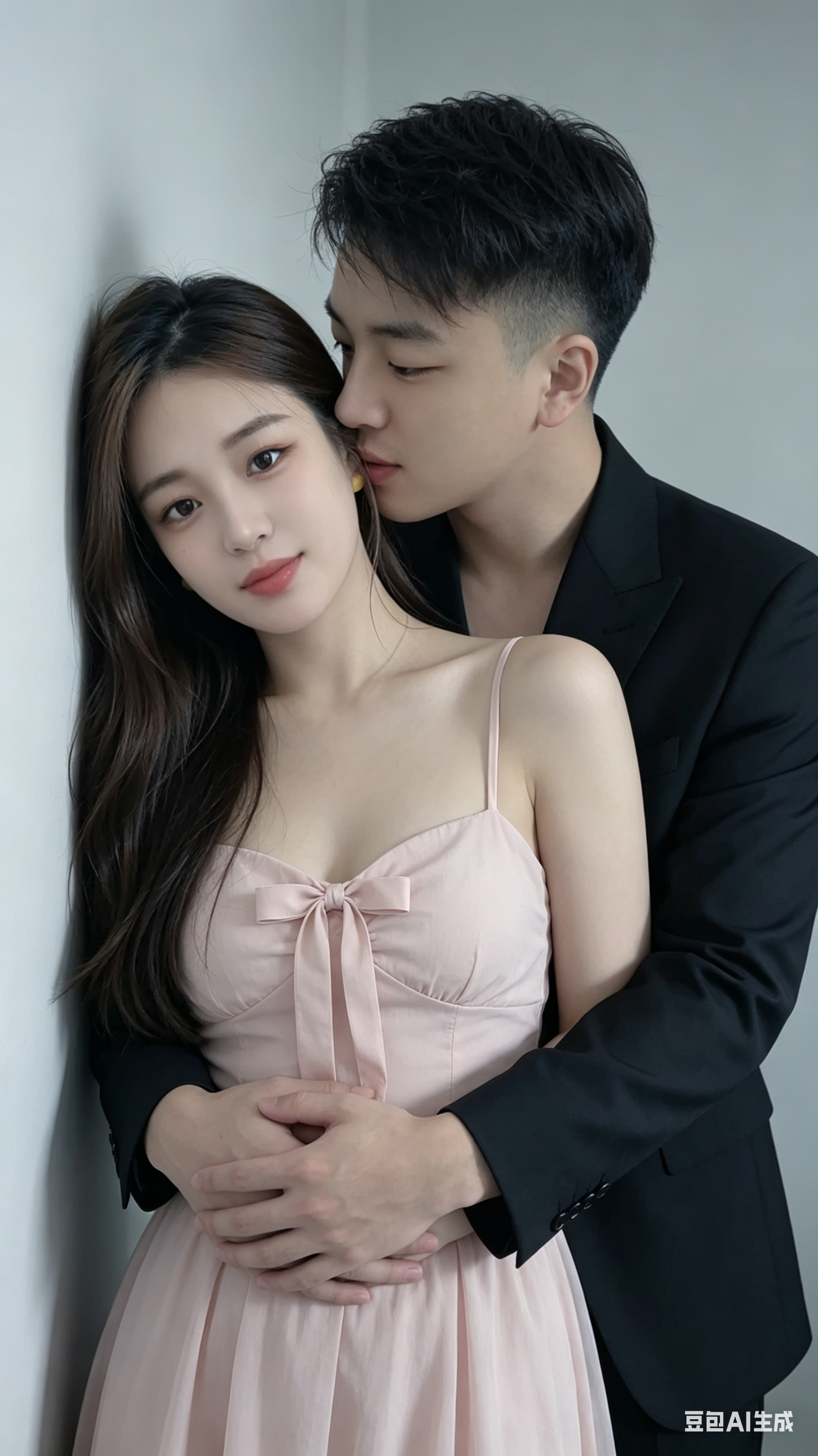 生成一张竖版写真人像：保持第一张图片中女生的面部特征、长发气质与柔和五官参考，女生穿着浅粉色带蝴蝶结细节的吊带裙，自然长发垂落，靠在浅灰色室内墙面上；保持第二张图片中男生的面部特征与清爽气质，男生身着黑色西装，从前方温… - AI提示词参考图，来自西西提示词