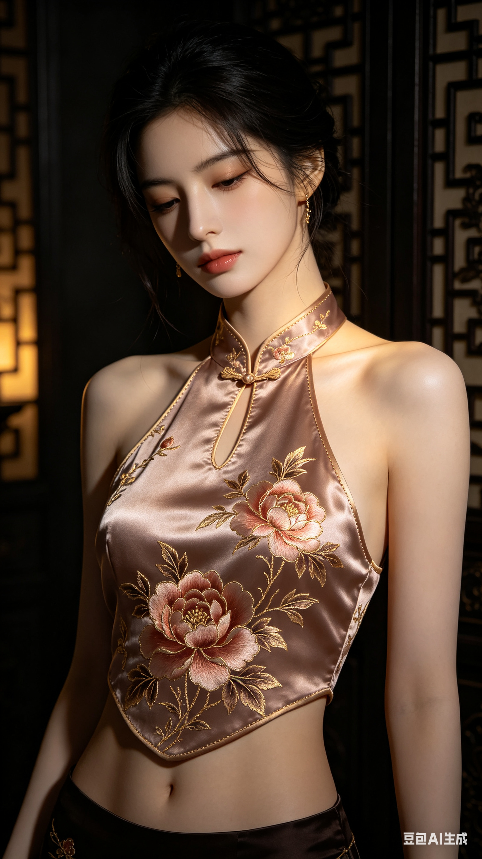 虚幻引擎5风格的电影级AAA东方美少女半身像，面容清冷温婉，肌肤白皙通透，神态安静慵懒，身着改良挂脖肚兜式露脐上衣，真丝材质亲服贴合，玫瑰金暗纹牡丹花刺绣在衣料上呈现清晰立体纹理，细密针脚与丝线光泽可见，服装自然形成柔… - AI提示词参考图，来自西西提示词