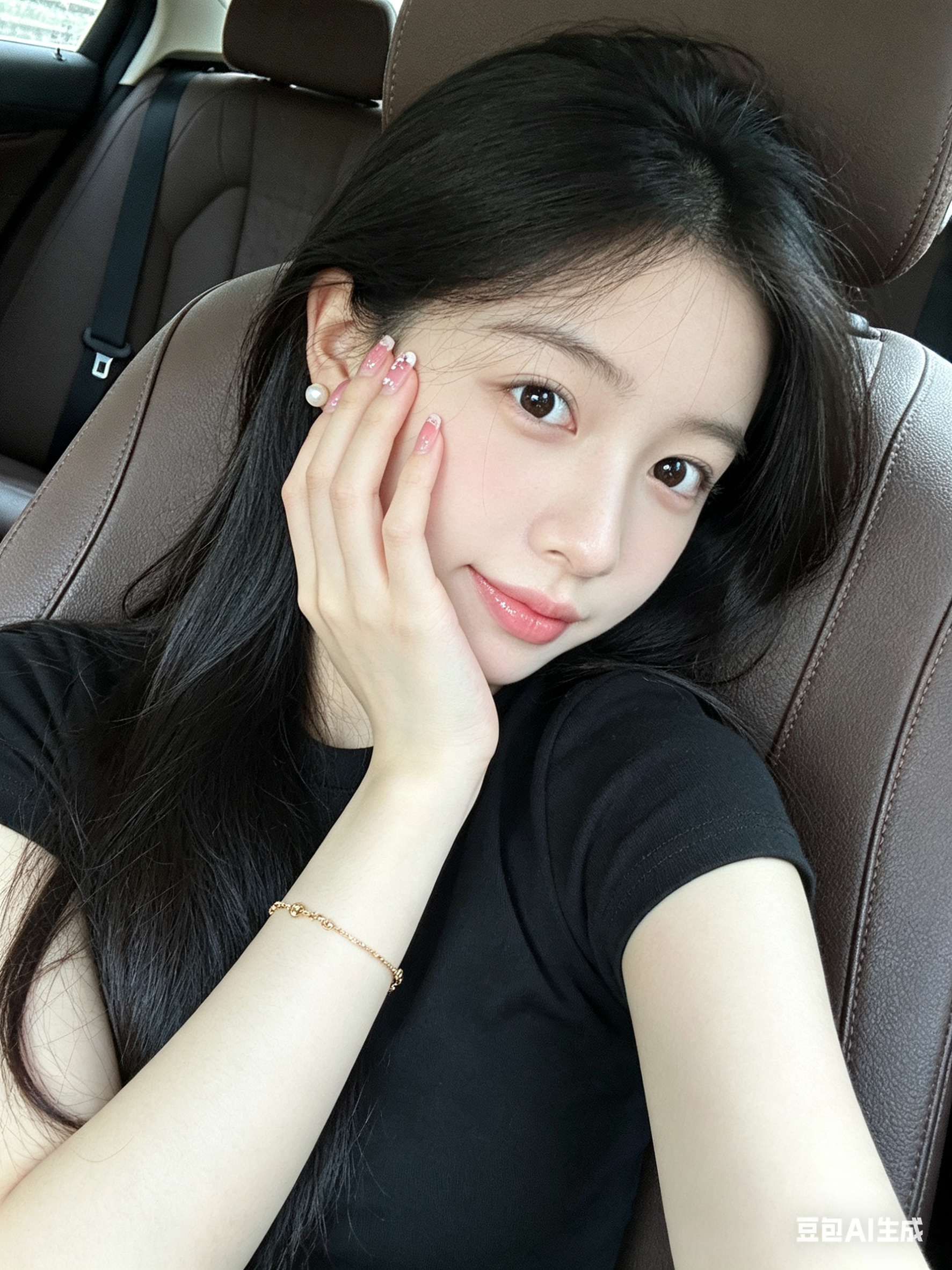 真实高清轿车后座自拍视角，一位19岁年轻女性穿黑色短袖上衣，斜靠在细腻棕色皮质座椅上，乌黑长发披散，珍珠耳钉点缀耳边，手腕佩戴金色细链手镯，粉色指甲带白色小装饰，眼神好奇明亮，表情俏皮自然。肤色为冷白皮最白阶，通透细腻… - AI提示词参考图，来自西西提示词