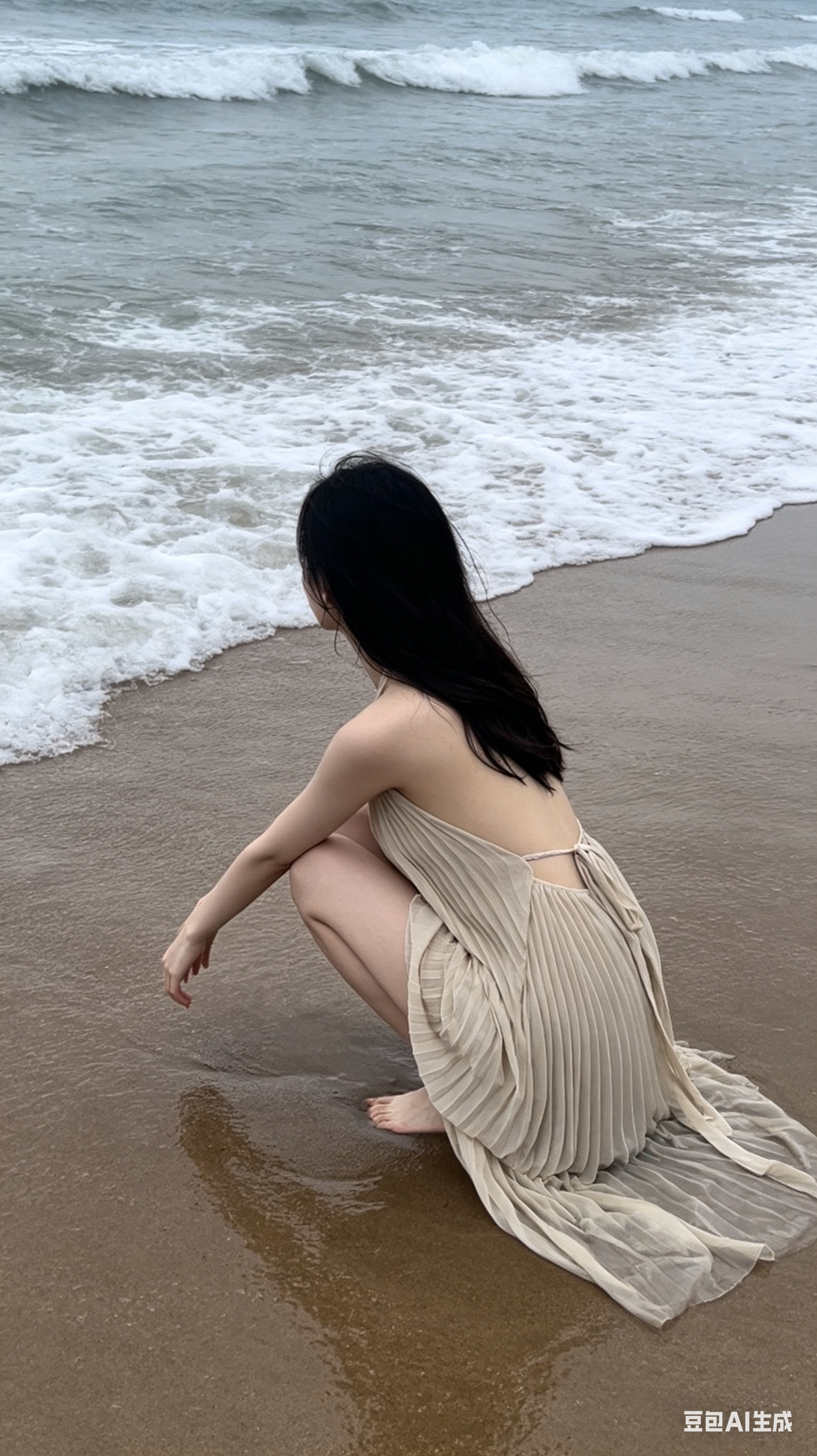 一位年轻女生蹲在海边湿润沙滩上，身体微微前倾，望向拍打过来的海浪，身穿浅色系褶皱连衣裙，裙摆和裙尾自然拖在身后的沙面上，被海风轻轻吹起，远处灰蓝色海浪翻涌，浪花靠近脚边，冷色调自然光，阴天海边，真实手机摄影质感，随手抓… - AI提示词参考图，来自西西提示词