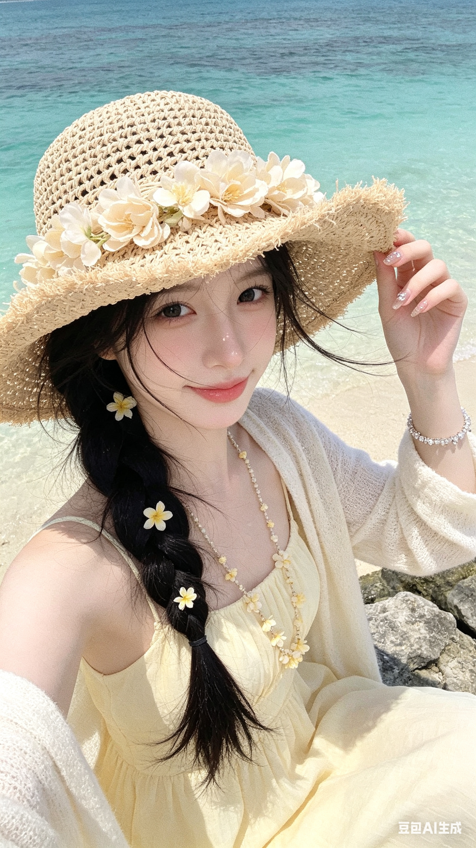 帮我生成图片：帮我生成图片：具有手机拍摄风格且是超低分辨率的画面，近距离的面部特写突出主体，俯拍视角。运用日系滤镜，使画面呈现出高级的色调。画面中是一位超级白、超级瘦、超级漂亮的冷白皮女子，她留着黑色的超长发，侧麻花辫… - AI提示词参考图，来自西西提示词