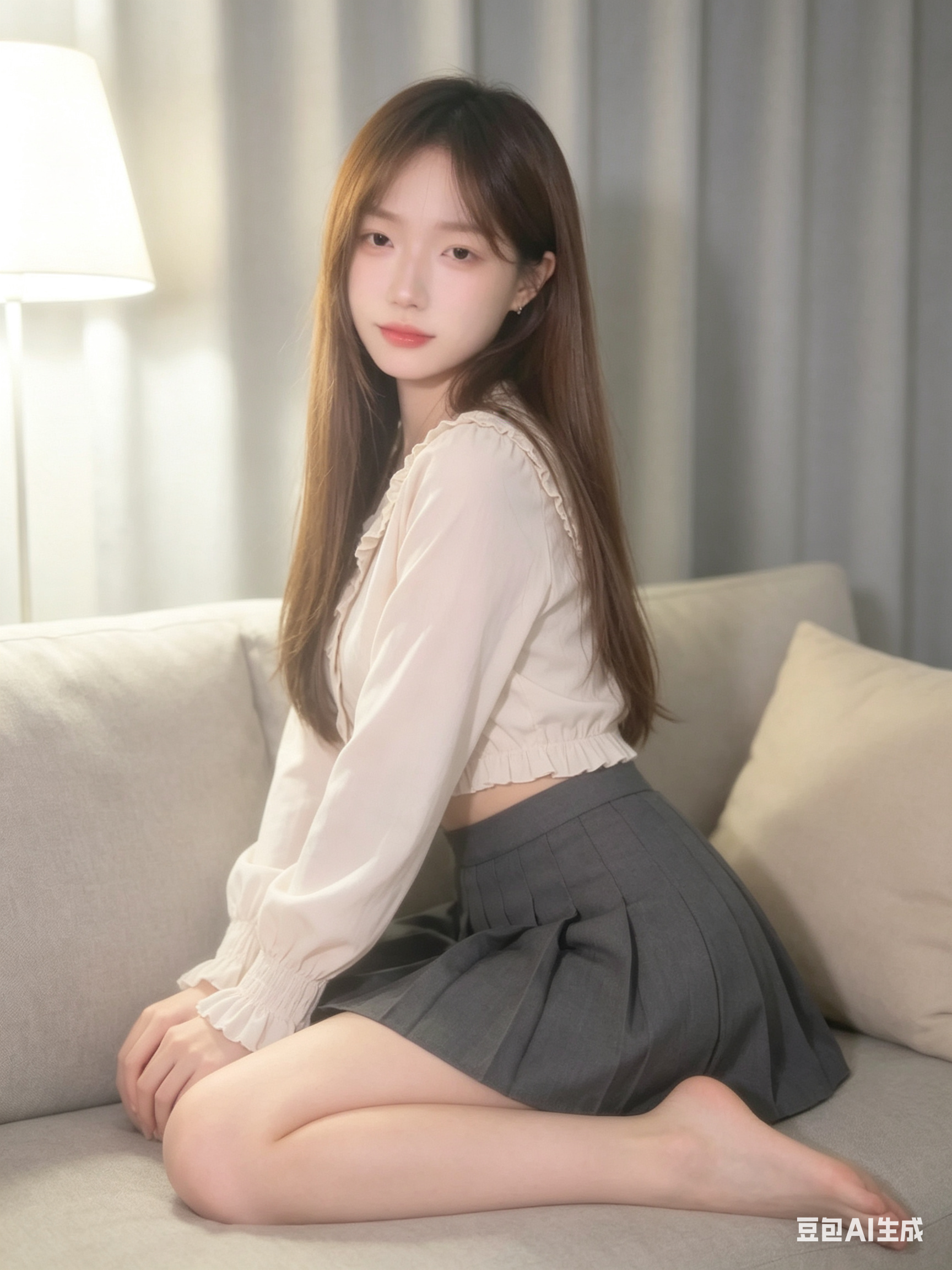 参考原图中成年年轻女性的长直发、白皙通透肤色、柔和美颜滤镜与生活化自拍气质，重新生成一张真实摄影质感的室内人像：女性在柔软沙发上侧身跪坐，姿态自然像随手调整坐姿，穿浅色日系学院风水手风短上衣与深灰色百褶裙，服装为完整日… - AI提示词参考图，来自西西提示词