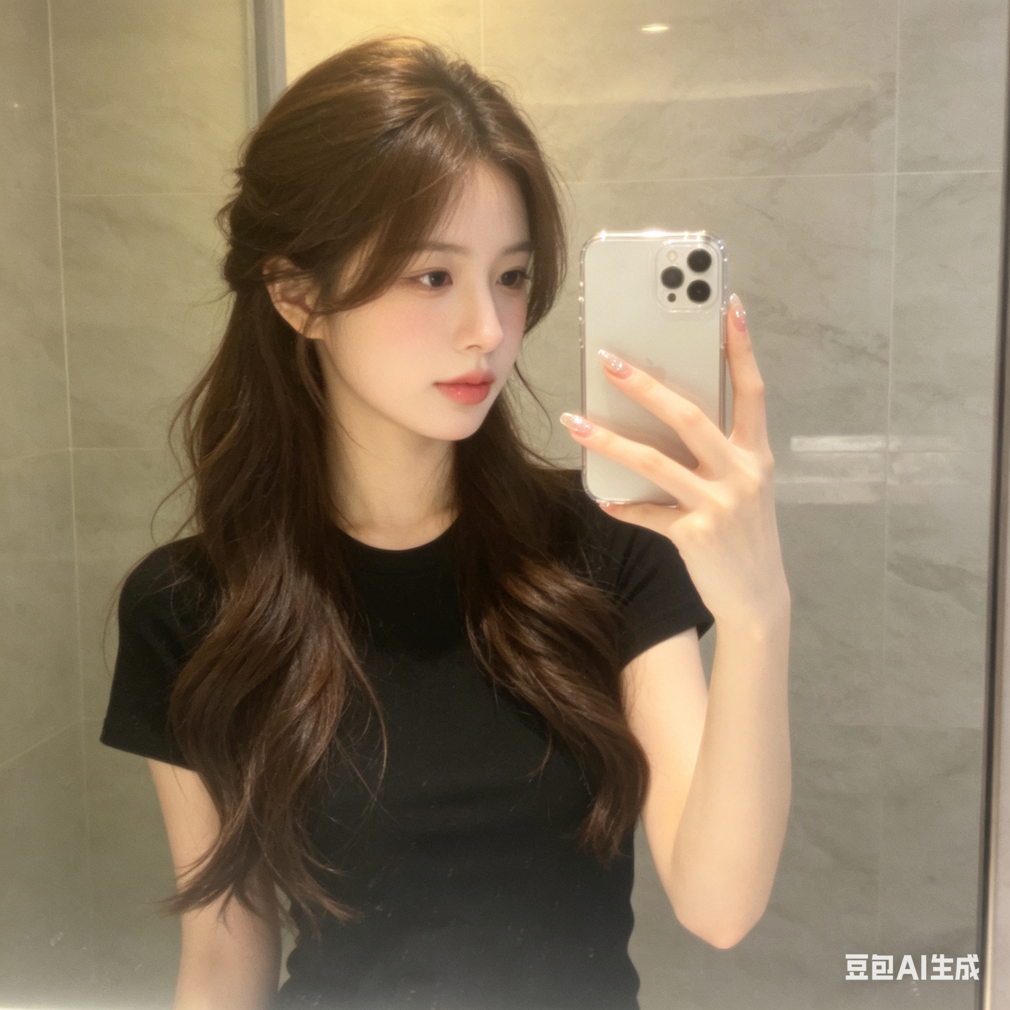 手机后置镜头的浴室镜面自拍，年轻成年女性半身入镜，棕褐色大波浪半扎长发自然垂落，清冷精致淡妆，淡粉腮红，黑色圆领短袖，手拿透明手机壳手机对准镜子，浅灰大理石墙砖，暖黄色室内灯光形成柔和雾面反光，面部轻微高光过曝，边缘高… - AI提示词参考图，来自西西提示词