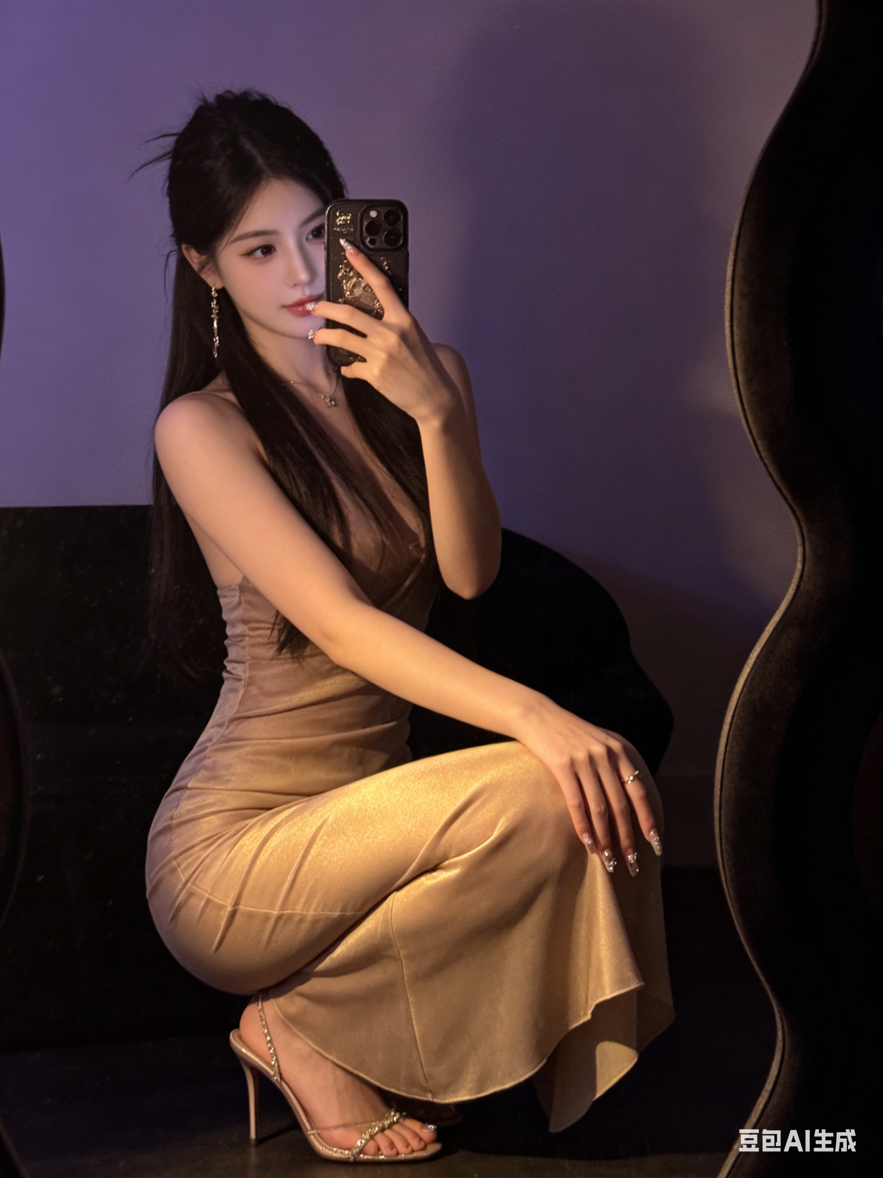 将第一张的裙子、第二张的高跟鞋和第三张的美甲替换到第四张图角色身上，裙子呈现真实质感，整体风格神秘又优雅，比例9:16，女生拿着手机对着镜子自拍。原比例。，3:4 - AI提示词参考图，来自西西提示词