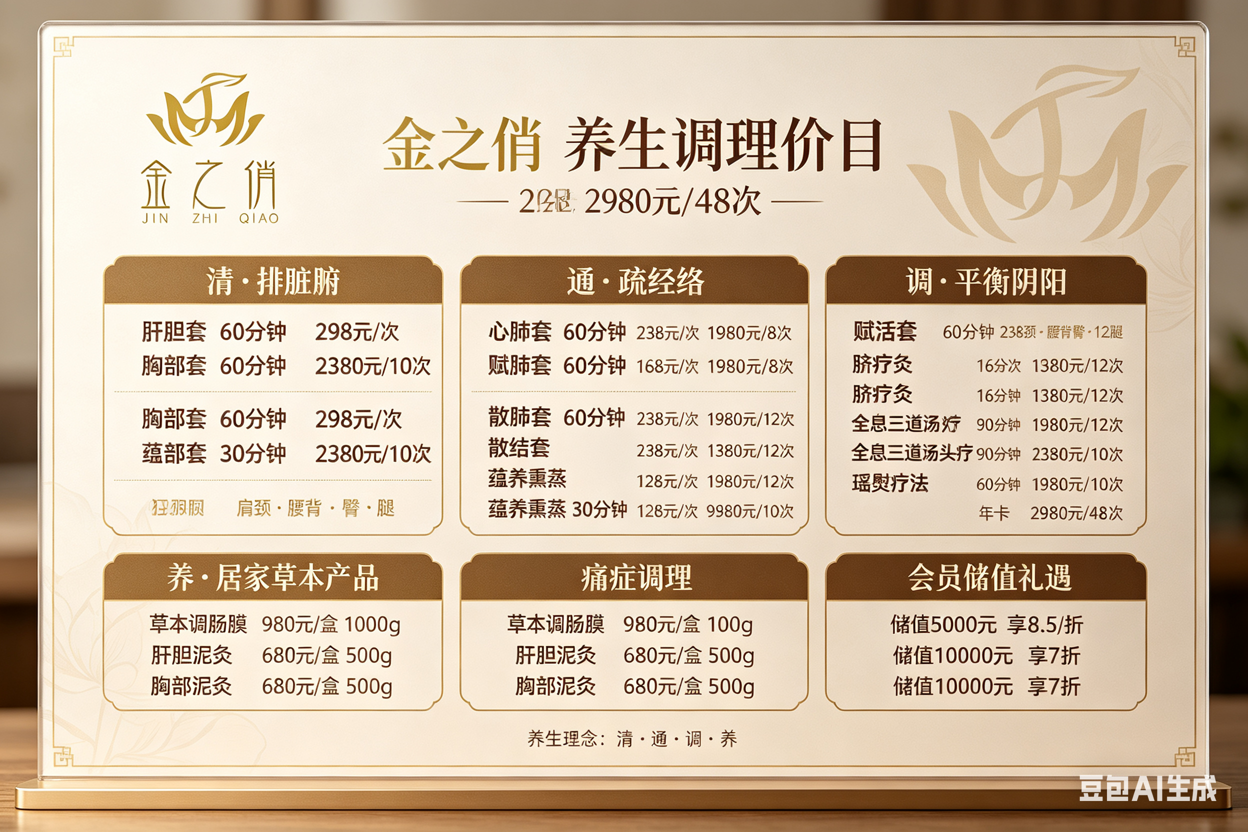 参考输入图顶部的“金之俏”金色中式LOGO，将其规范放置在横版画面左上角或顶部居中位置，生成一张横版前台桌牌平面设计稿，轻奢中式风格，浅米咖底色，淡莲花暗纹，细金色边框与分割线，整体干净克制，适合桌面立牌展示。主标题显… - AI提示词参考图，来自西西提示词