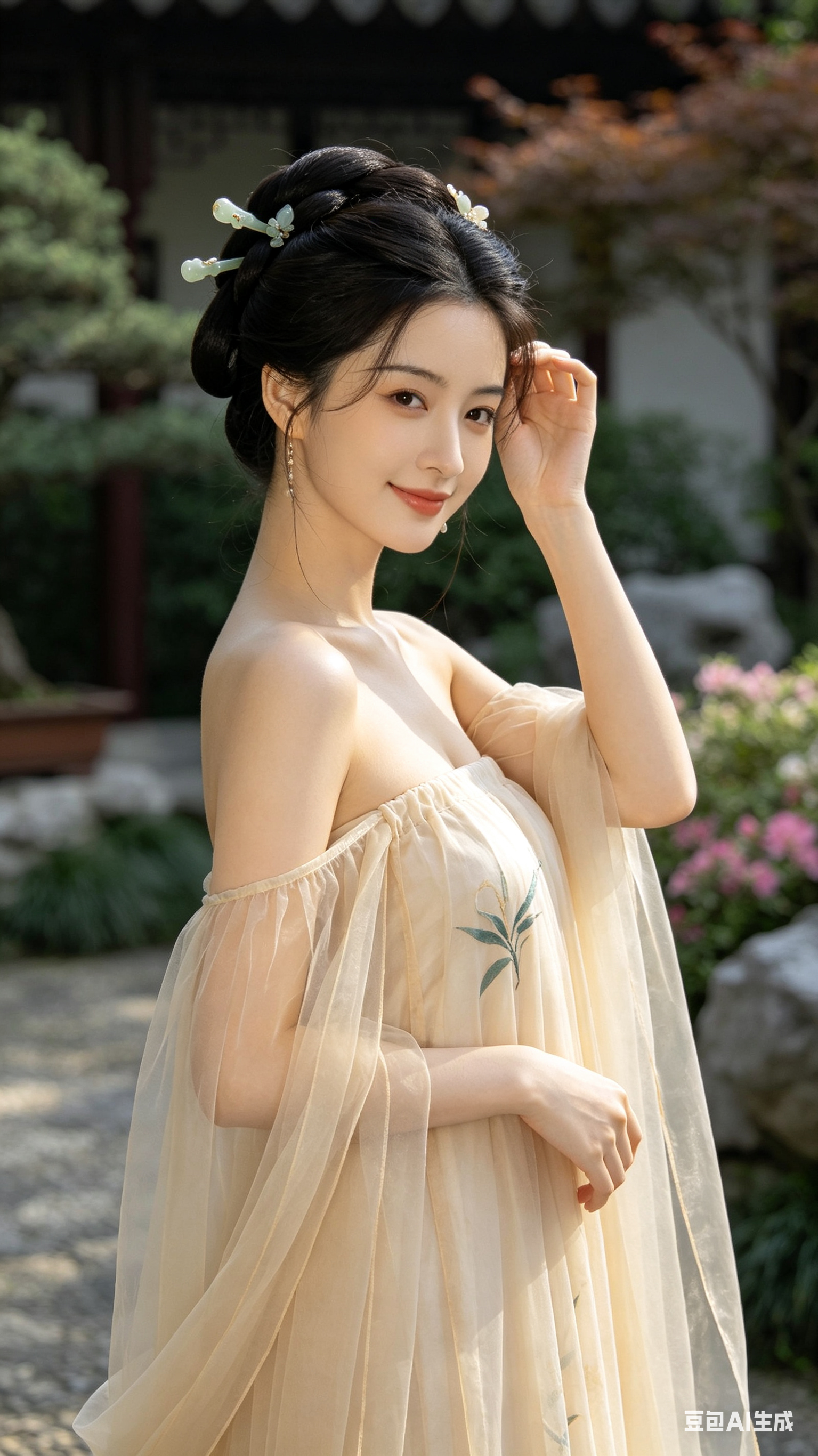 9:16竖屏,半身人像,年轻女性模特,胸部以上到腰部完整入镜,身体微微侧转,一只手抬起轻扶发簪,另一只手自然垂在身前,肩膀放松,手肘自然弯曲,脸部清晰露出,含蓄浅笑看向镜头,精致古风盘发,点缀玉质发簪,齐胸襦裙汉服,轻… - AI提示词参考图,来自西西提示词