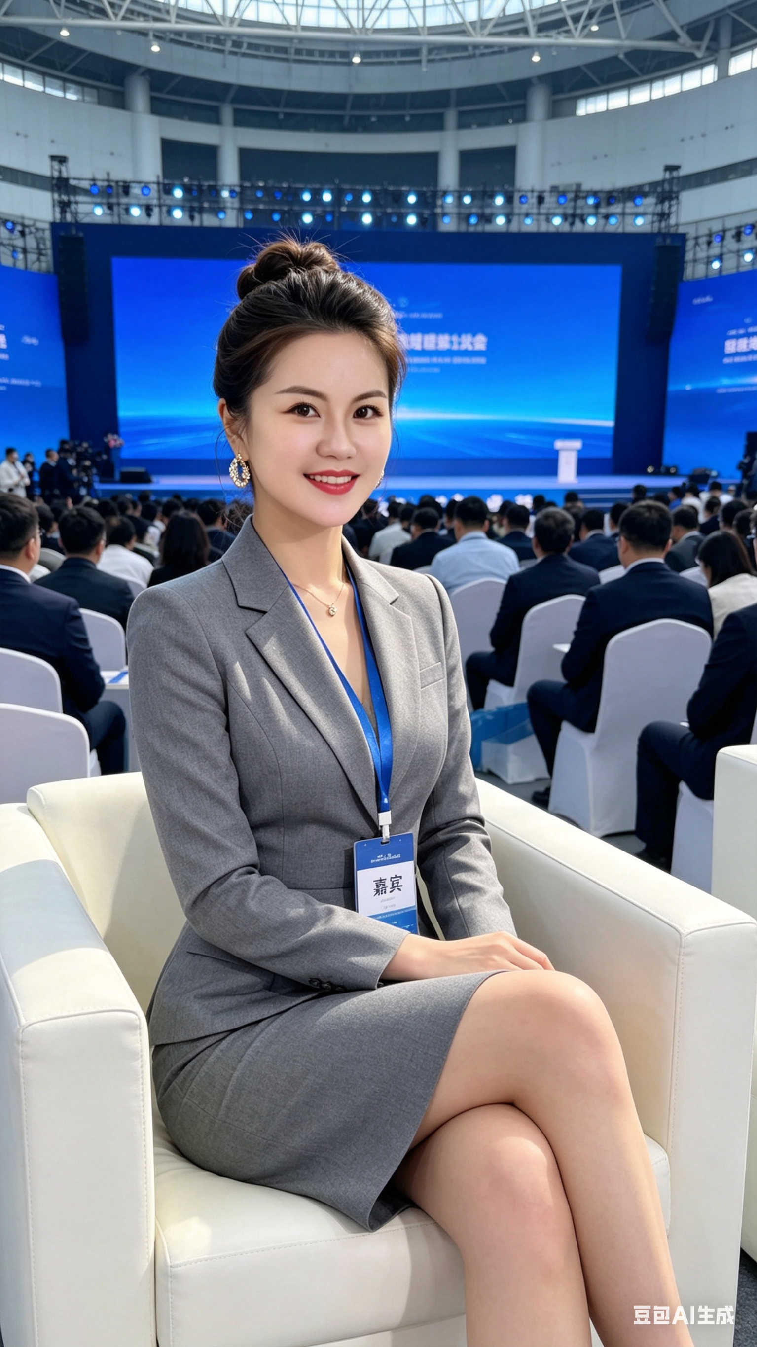 将参考图中的女性重塑为电影写真风格的日常生活快照：一位女总裁身着剪裁合身的灰色职业套装裙，发型挽成精致发髻，佩戴亮眼耳饰与项链，姿态优雅地翘腿坐在白色椅子上，脖子上挂着标有“嘉宾”字样的吊牌。背景改为现代感蓝色系会展中… - AI prompt reference from CC Prompt Galaxy